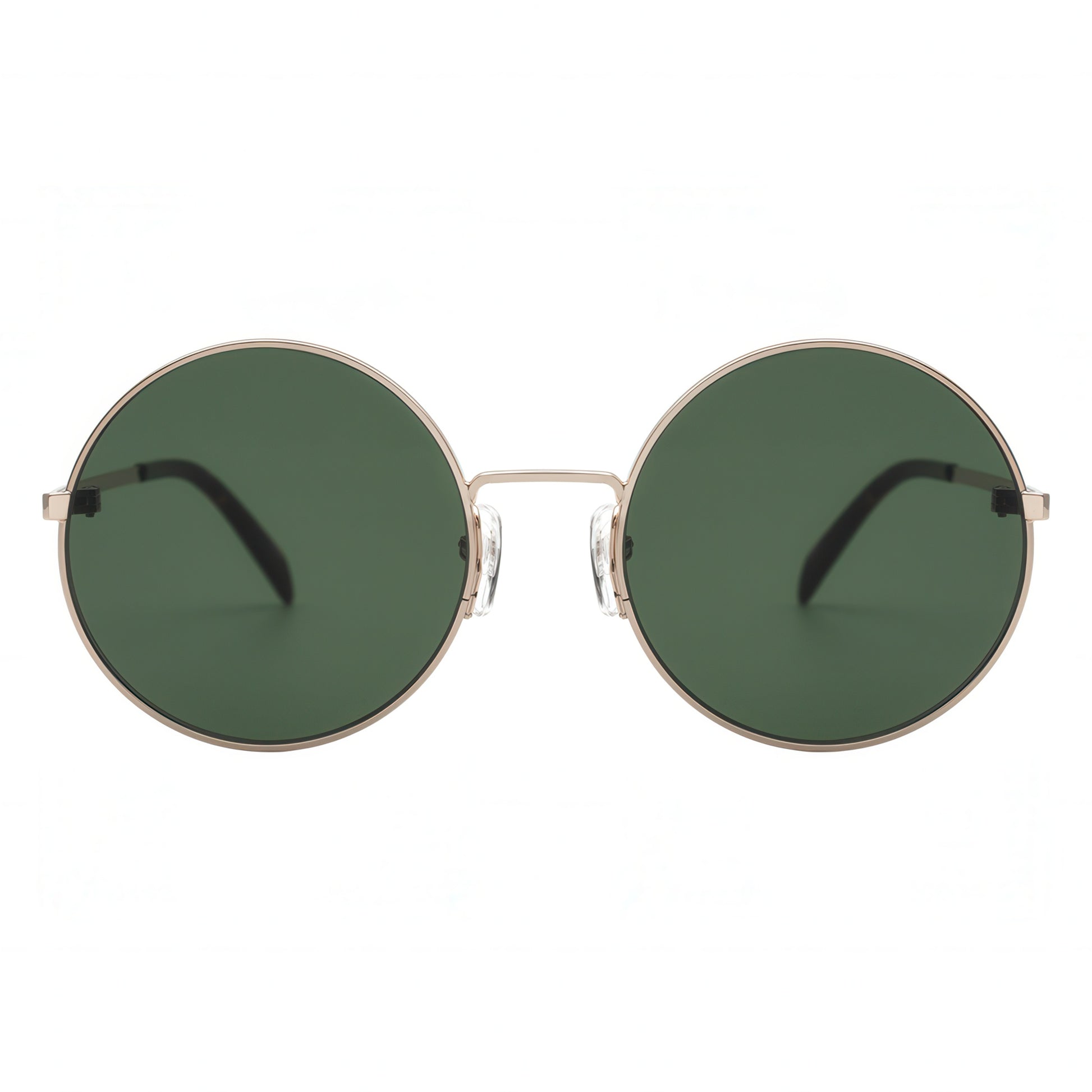 Round sunglasses with green lenses and gold frames on a white background