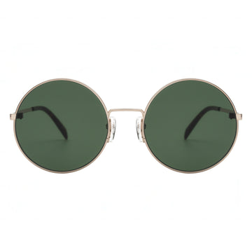 Round sunglasses with green lenses and gold frames on a white background
