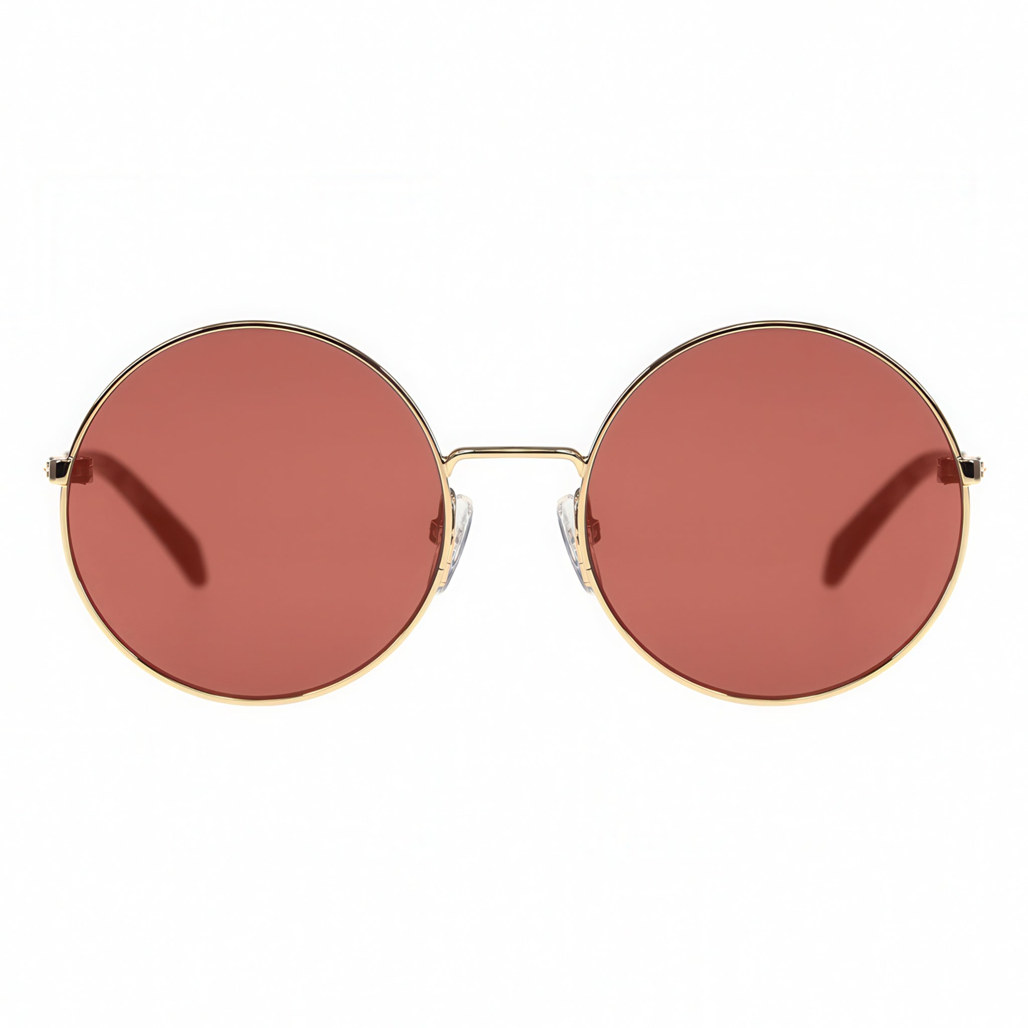 Round sunglasses with gold frame and red lenses on a white background