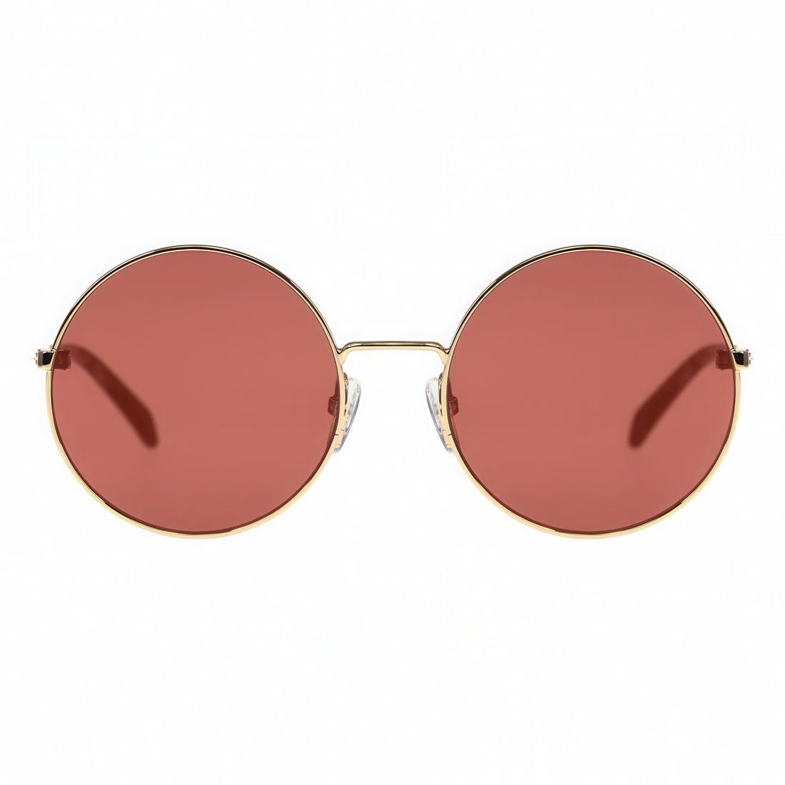Round sunglasses with gold frame and red lenses on a white background