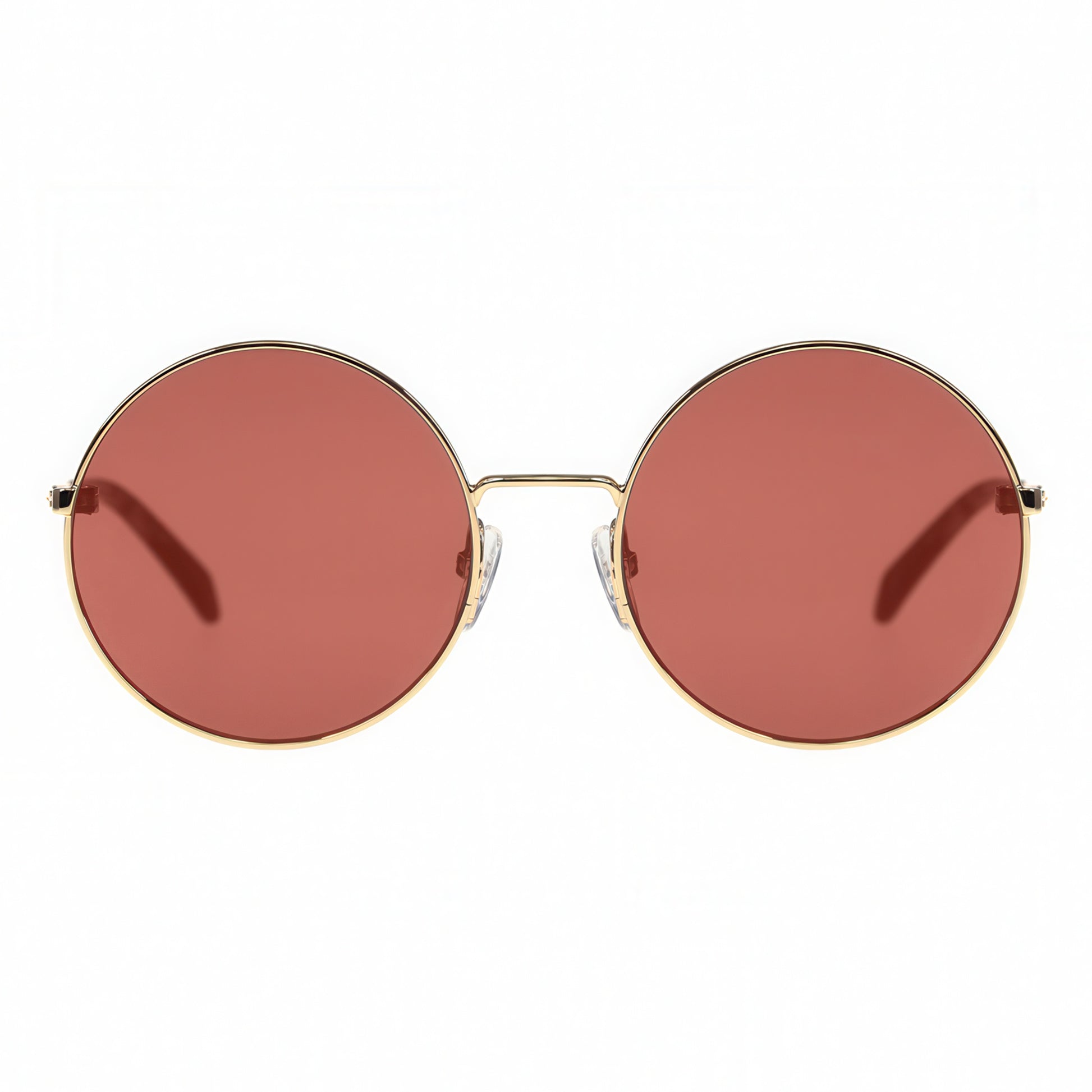 Round sunglasses with gold frame and red lenses on a white background