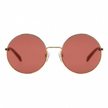 Round sunglasses with gold frame and red lenses on a white background