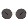 Round sunglasses with dark lenses and silver frames on a white background