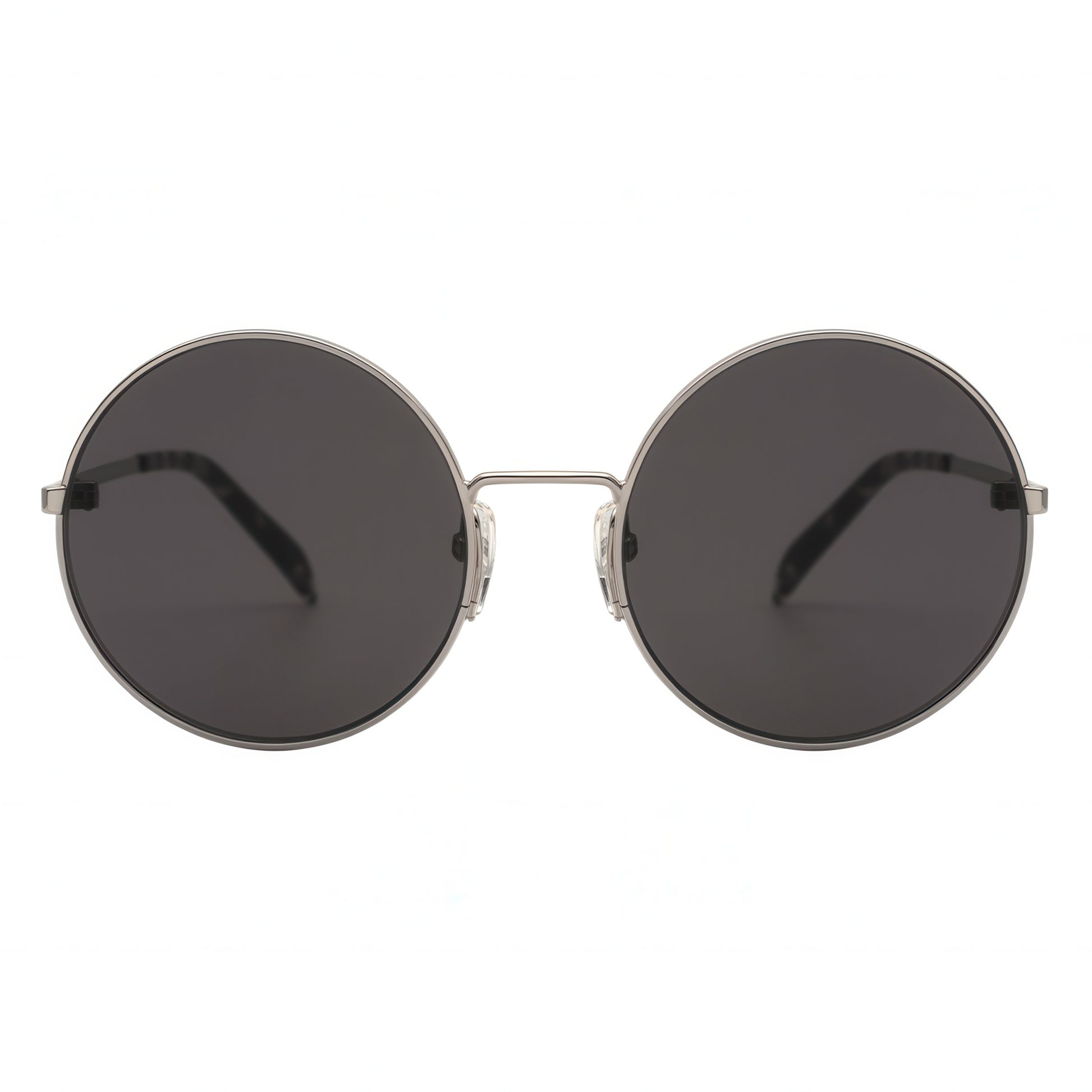 Round sunglasses with dark lenses and silver frames on a white background
