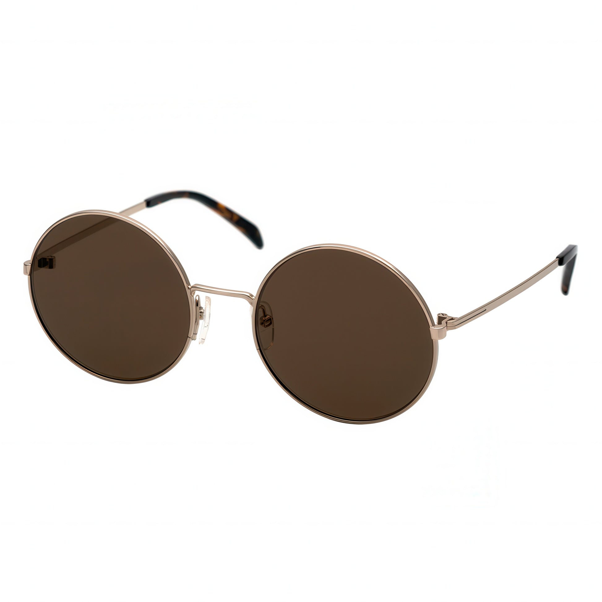 Round sunglasses with brown lenses and gold frames on a white background