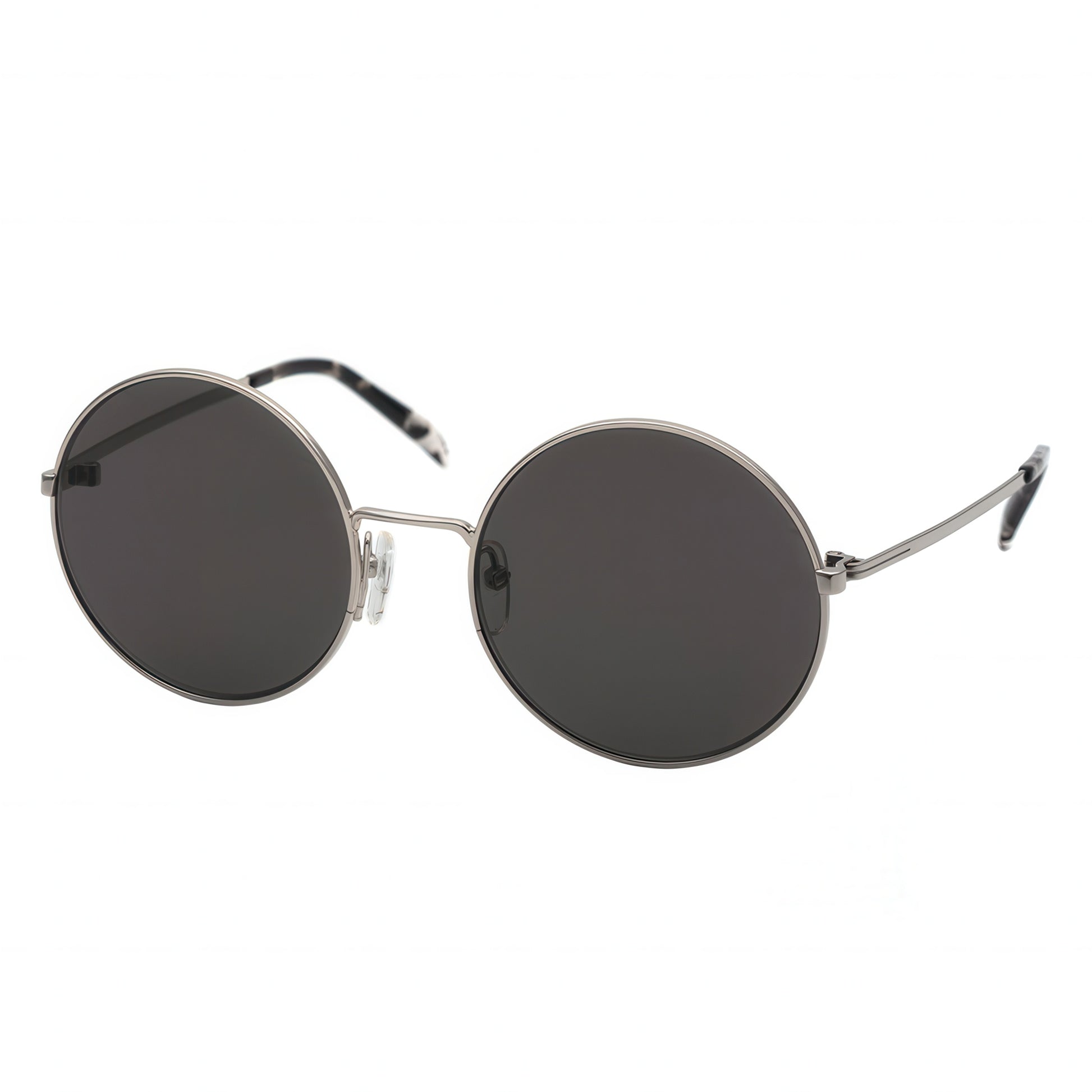 Round sunglasses with dark lenses and thin metal frame on a white background