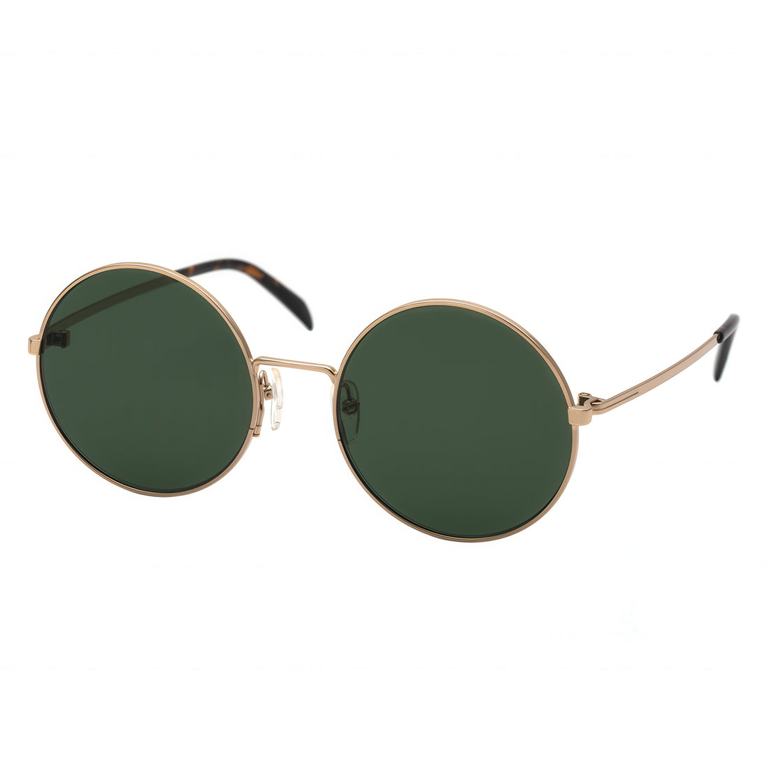 Round sunglasses with green lenses and gold frames on a white background