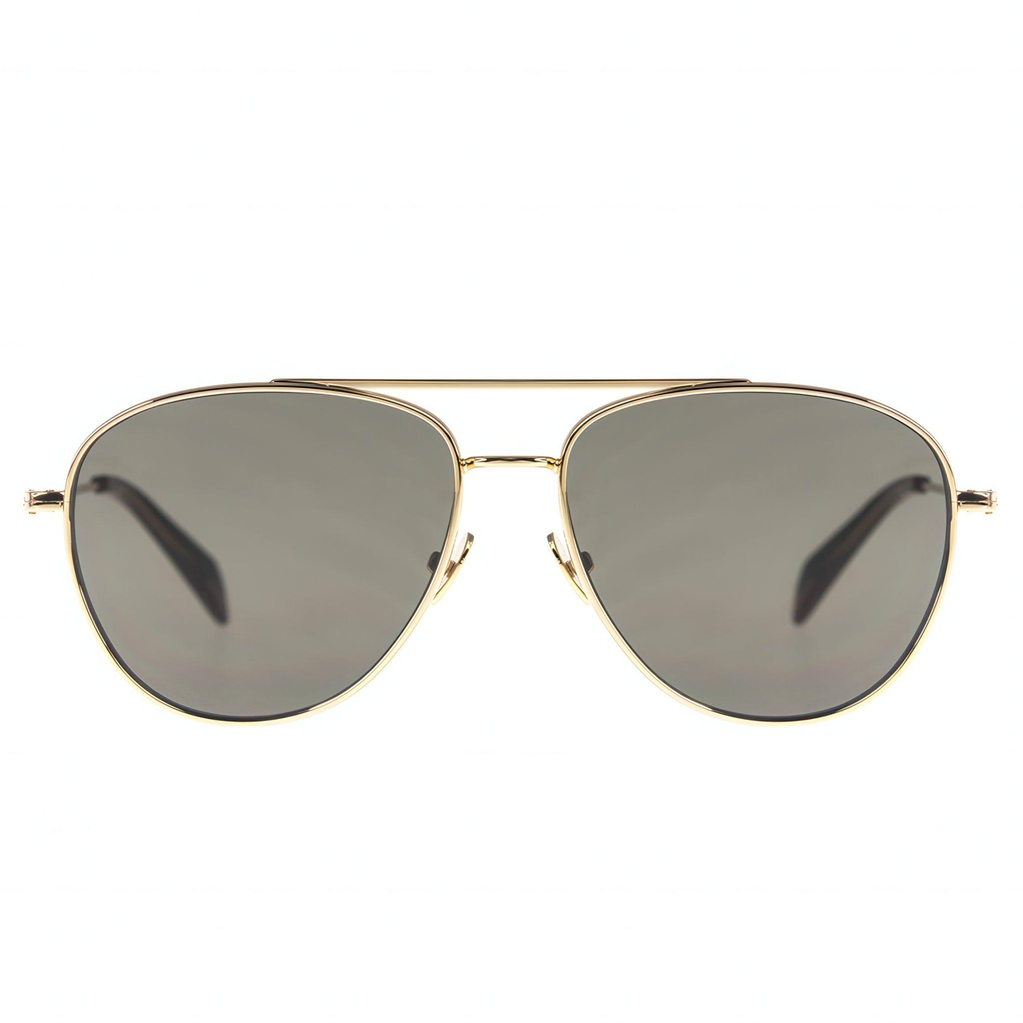 Aviator sunglasses with gold frame and dark lenses on a white background