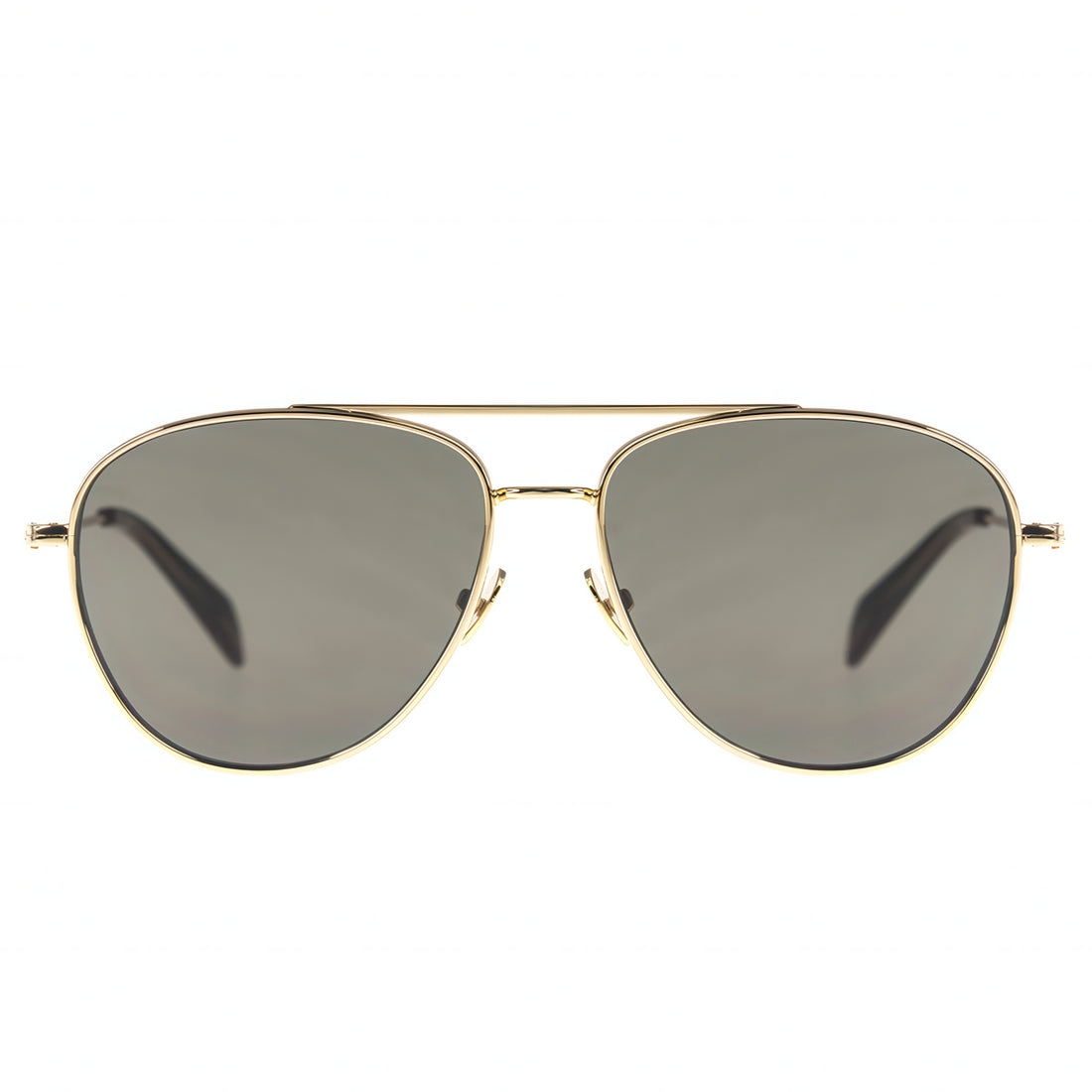 Aviator sunglasses with gold frame and dark lenses on a white background