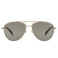Aviator sunglasses with gold frame and dark lenses on a white background