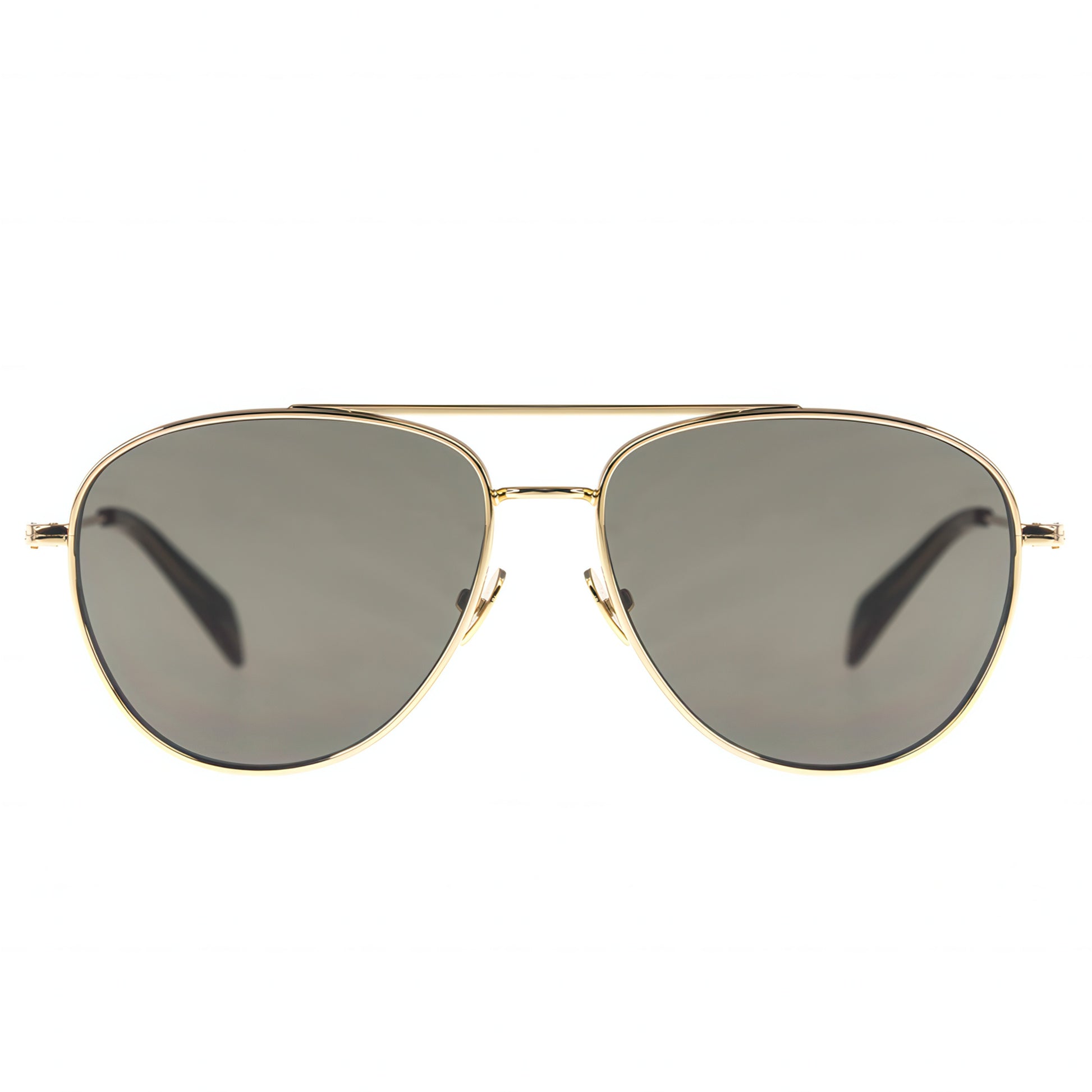 Aviator sunglasses with gold frame and dark lenses on a white background