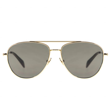 Aviator sunglasses with gold frame and dark lenses on a white background