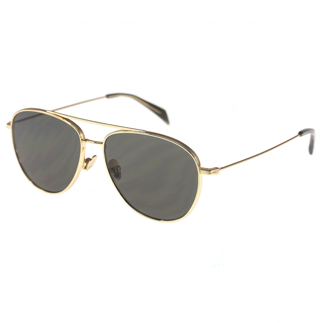 Aviator sunglasses with gold frame and dark lenses on a white background
