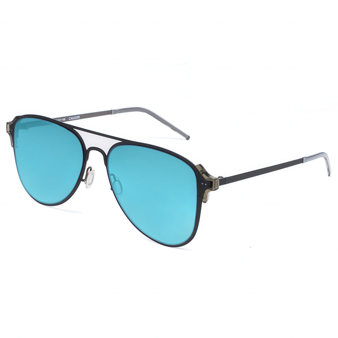 Aviator sunglasses with blue lenses on a white background