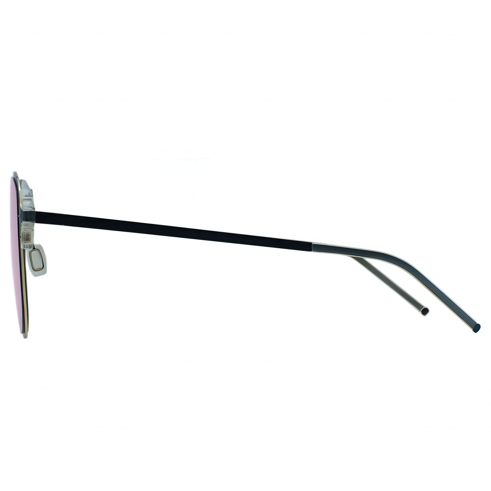 Sunglasses with a black frame and pink lenses on a white background