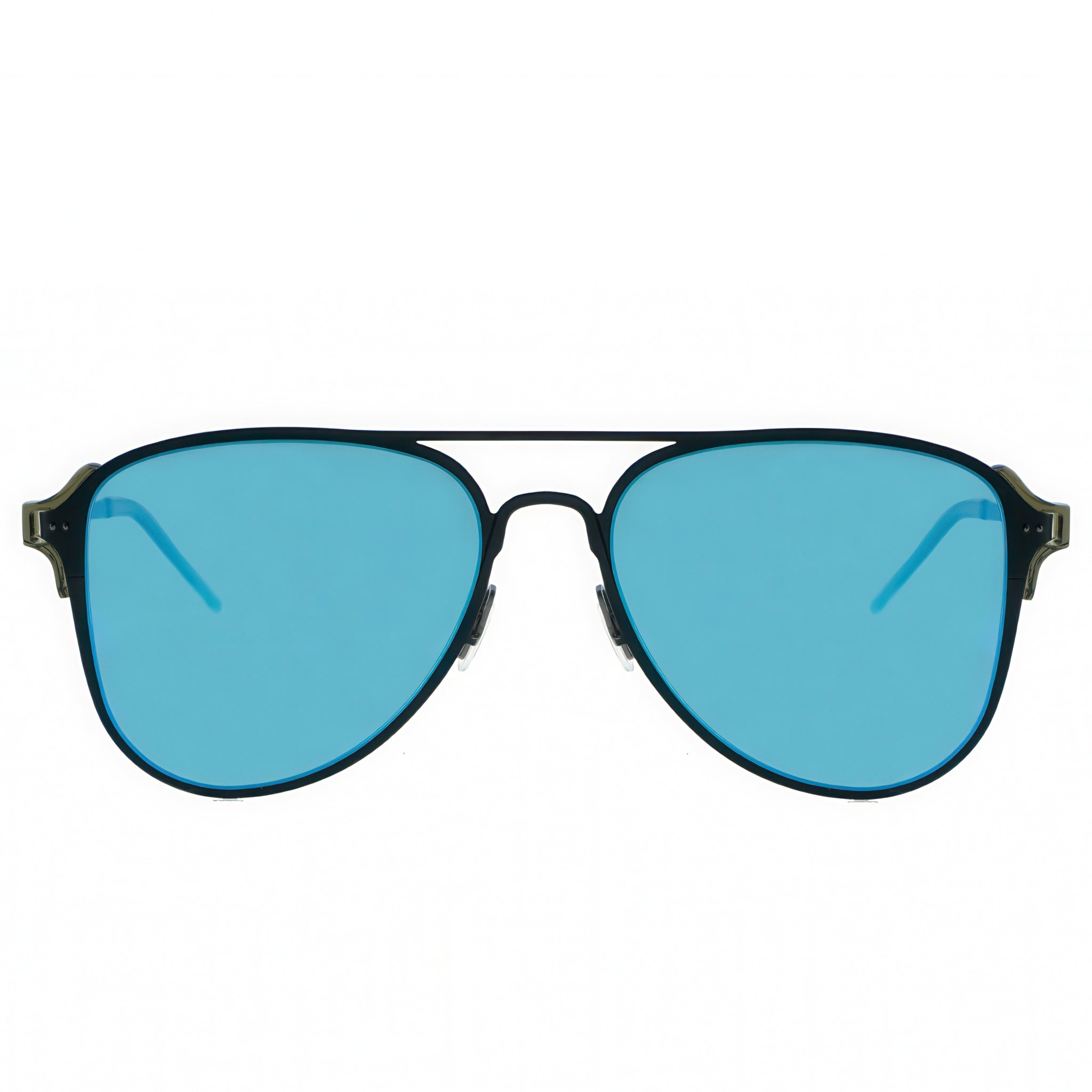 Aviator sunglasses with blue lenses on a white background