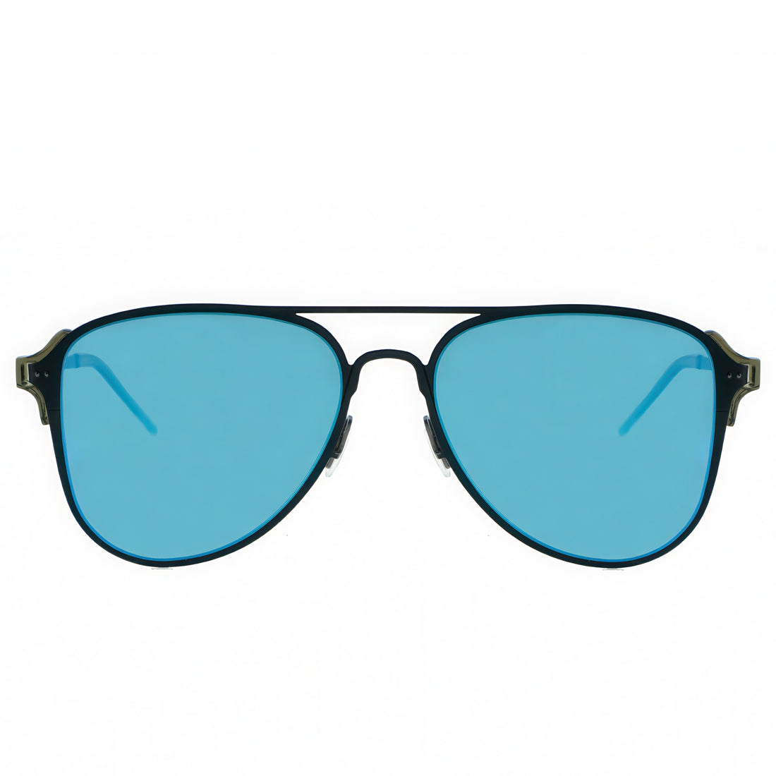 Aviator sunglasses with blue lenses on a white background