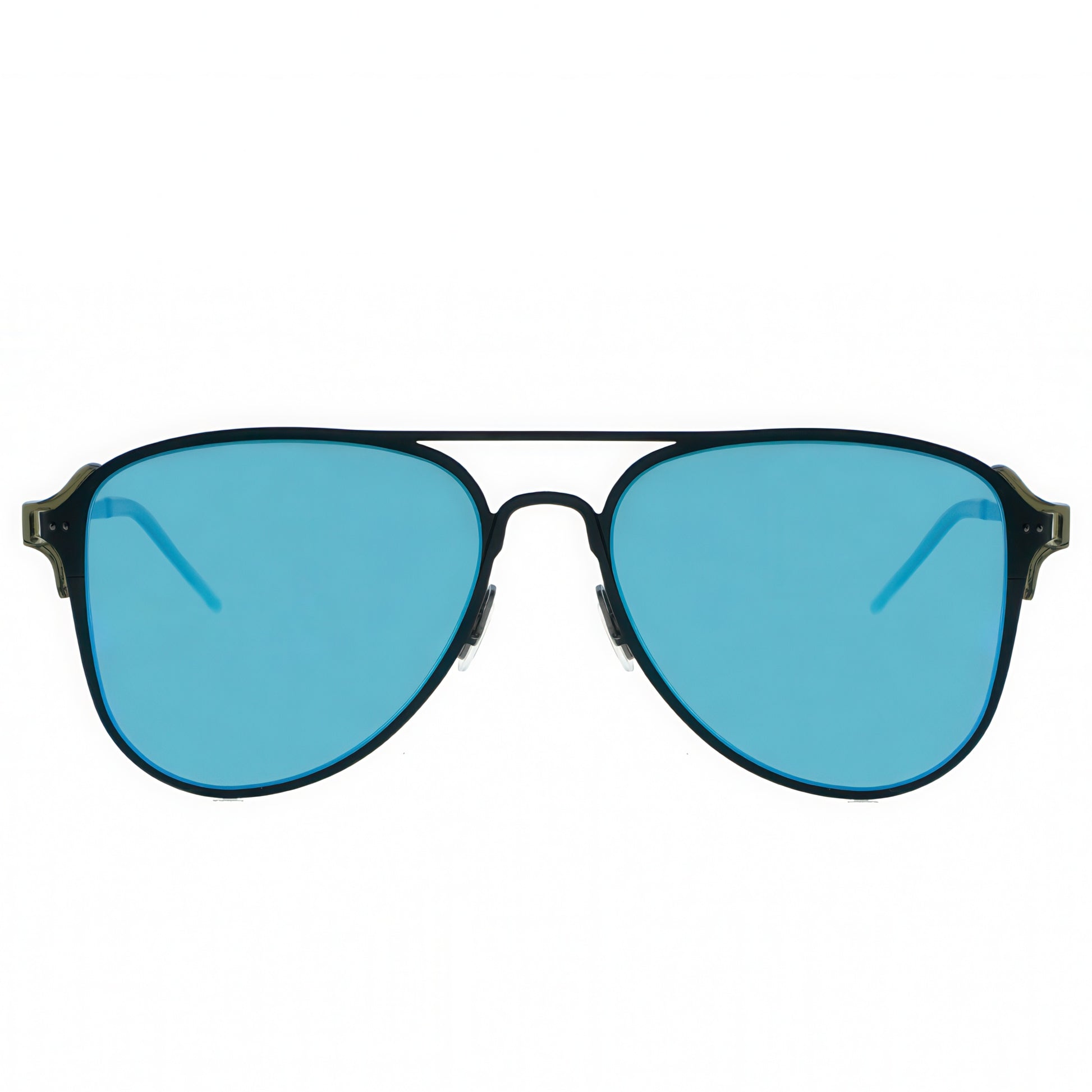 Aviator sunglasses with blue lenses on a white background