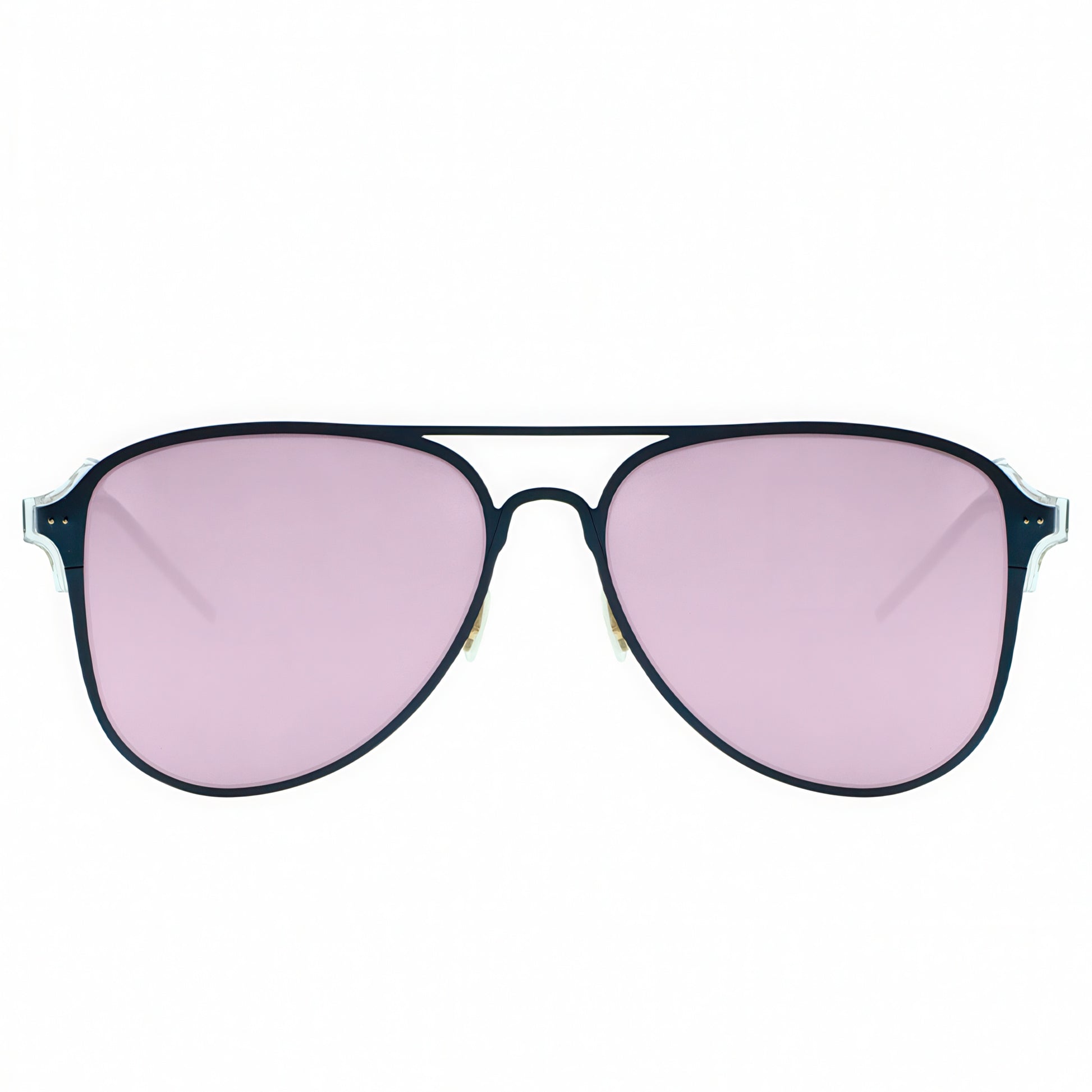 Sunglasses with pink lenses and black frame on a white background