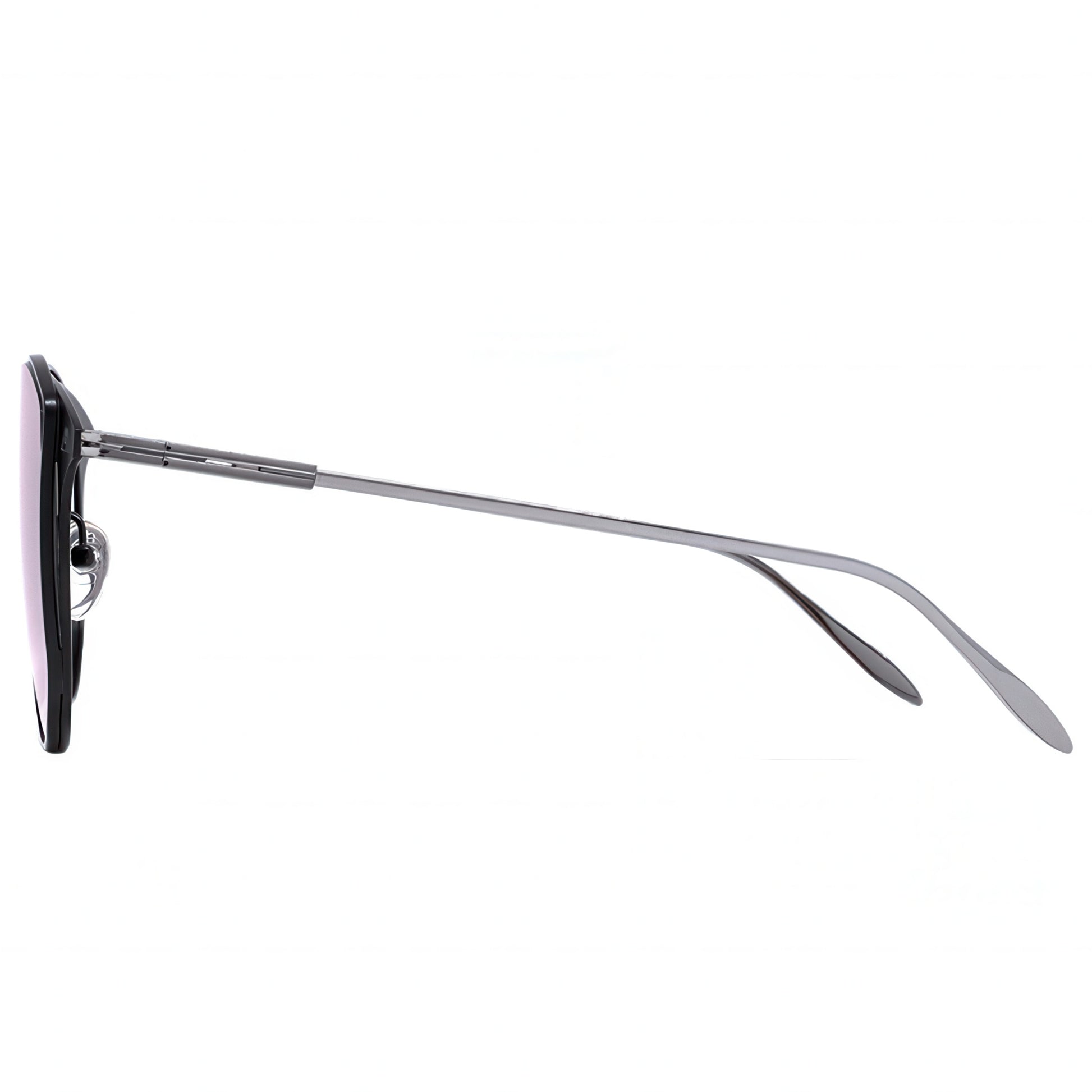 Sunglasses with a black frame and pink-tinted lenses on a white background