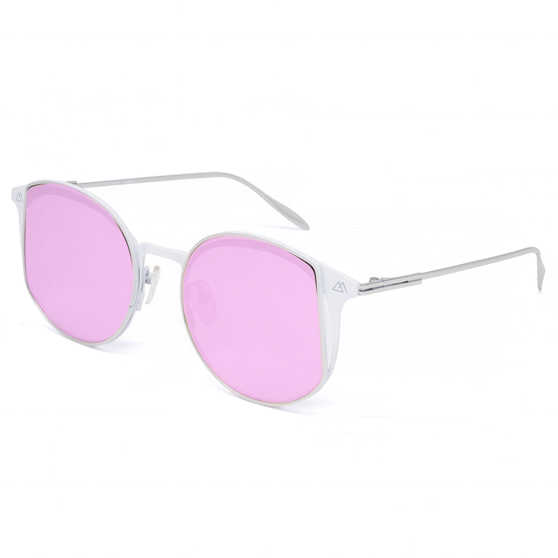 Sunglasses with pink lenses and white frame on a white background