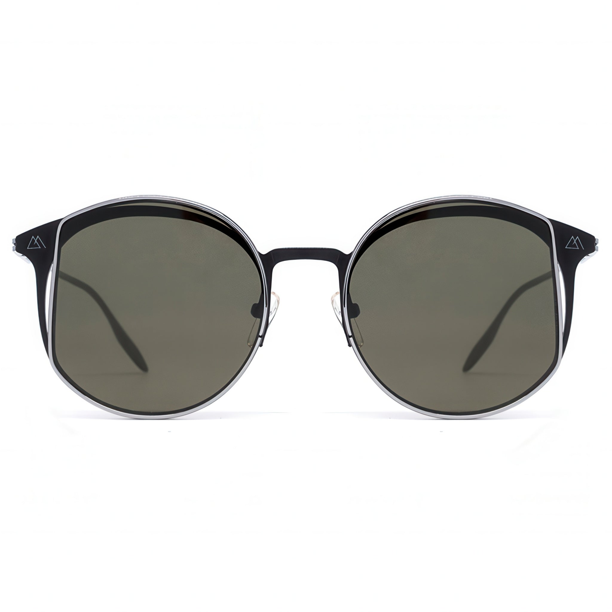 Round sunglasses with black frames and dark lenses on a white background