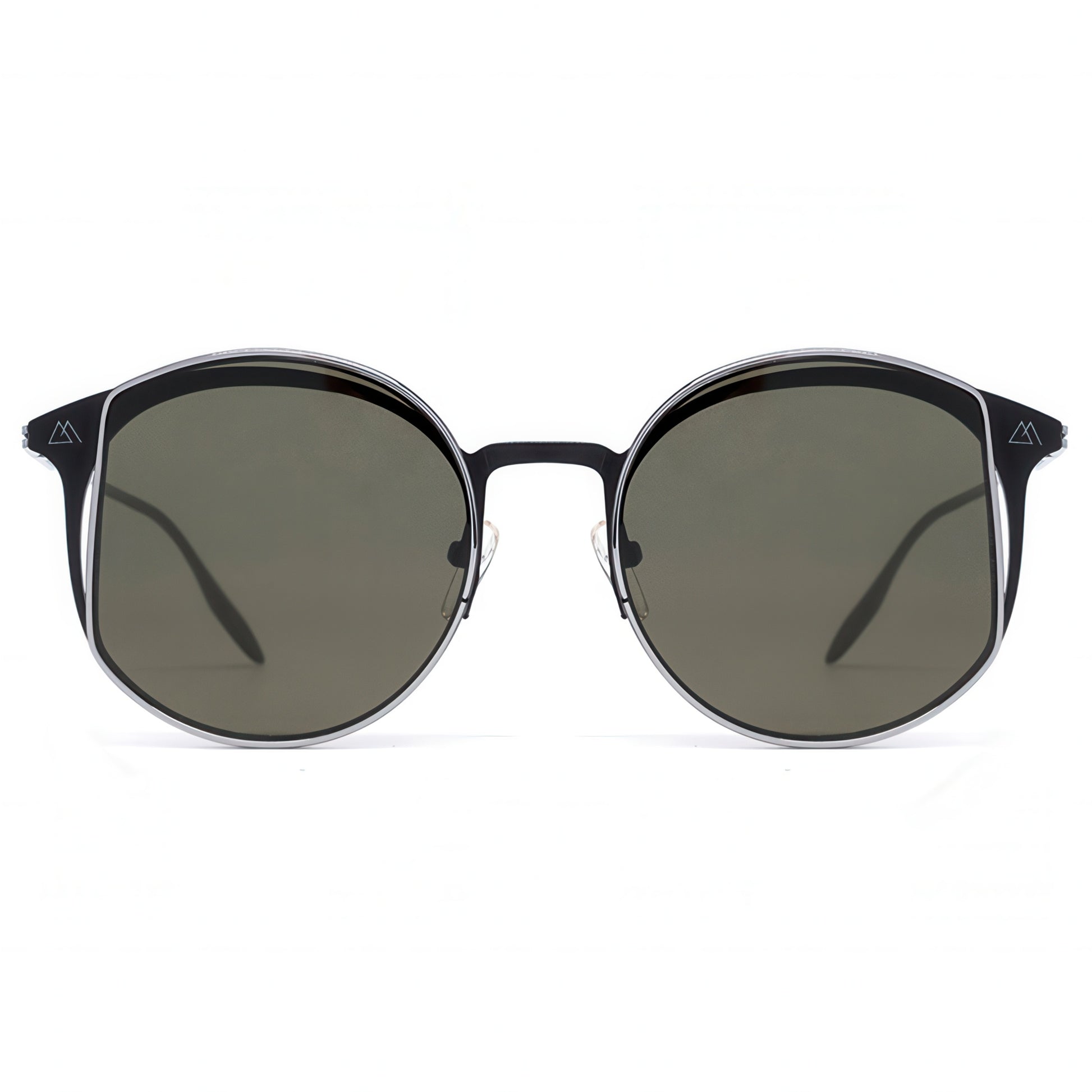 Round sunglasses with black frames and dark lenses on a white background