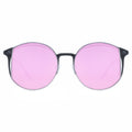 Round sunglasses with pink lenses and black frames on a white background