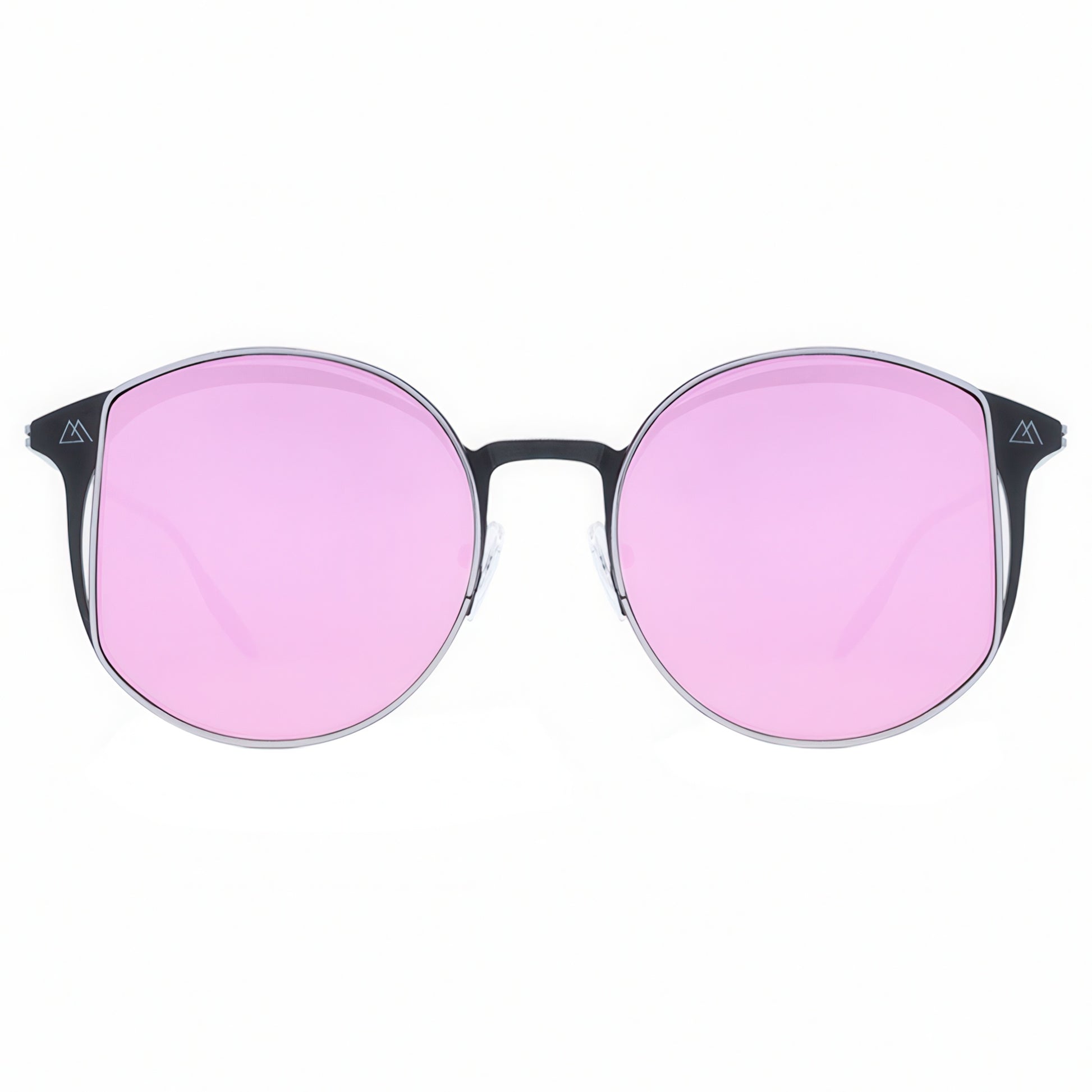 Round sunglasses with pink lenses and black frames on a white background