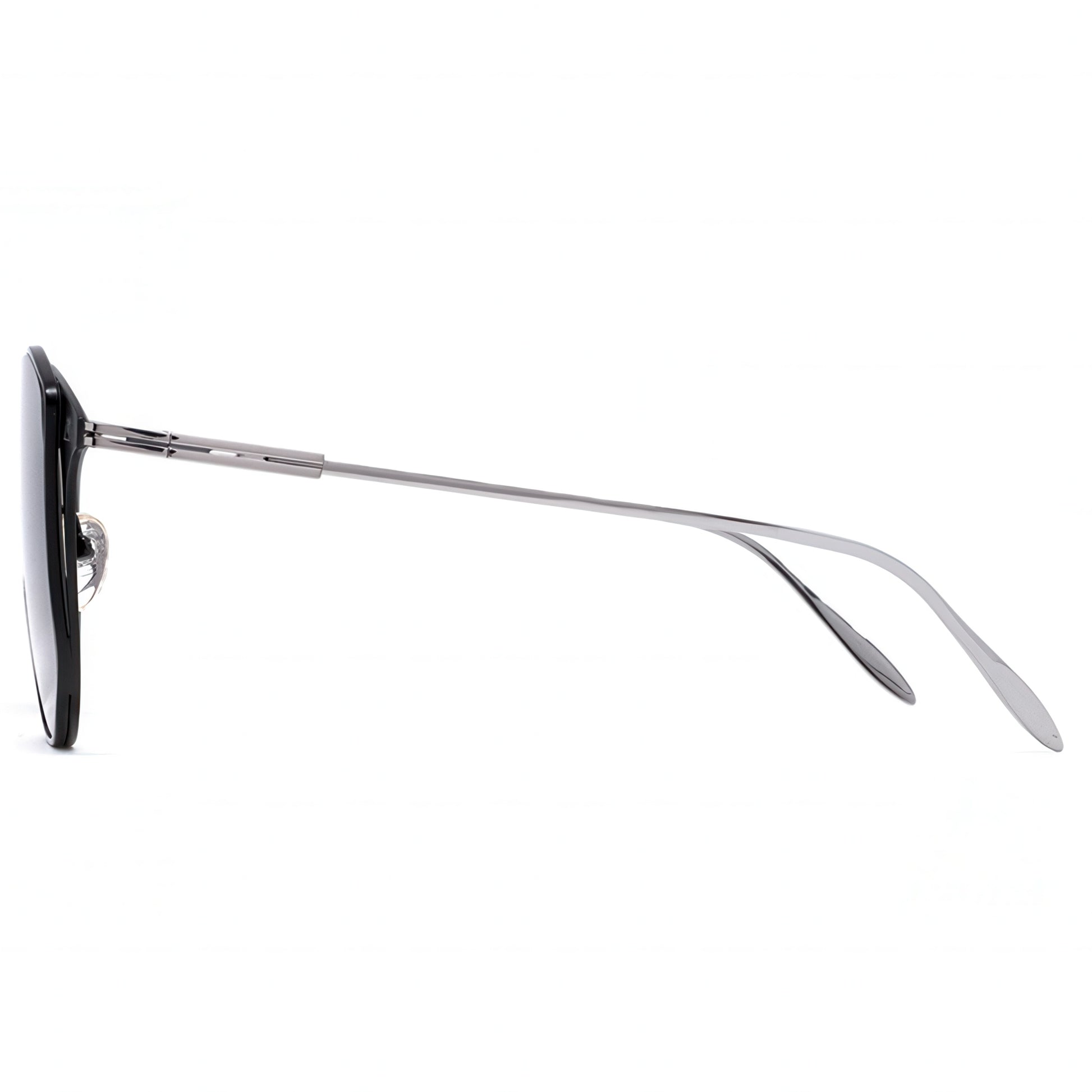 Sunglasses with black frame and reflective lenses on a white background