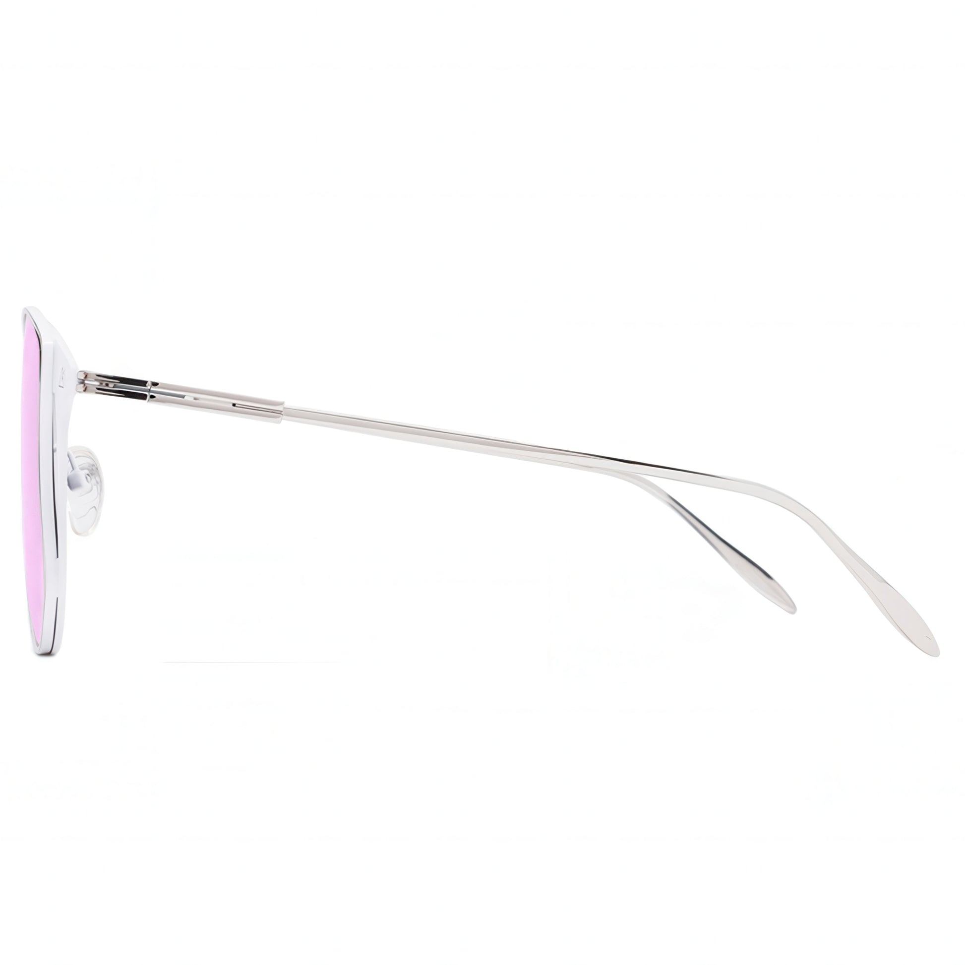 Sunglasses with pink lenses and thin metal frame on a white background