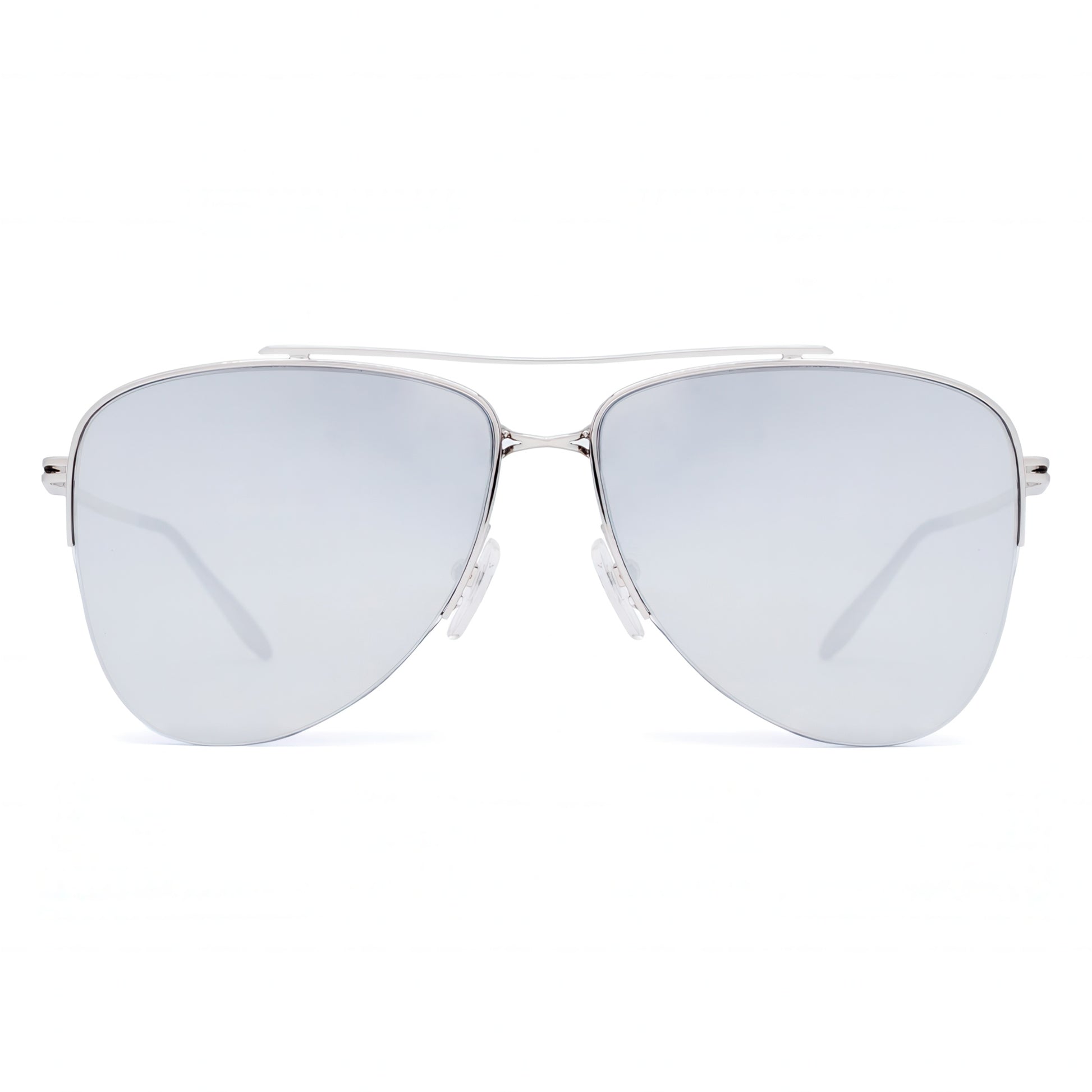 Aviator sunglasses with silver frame and reflective lenses on a white background