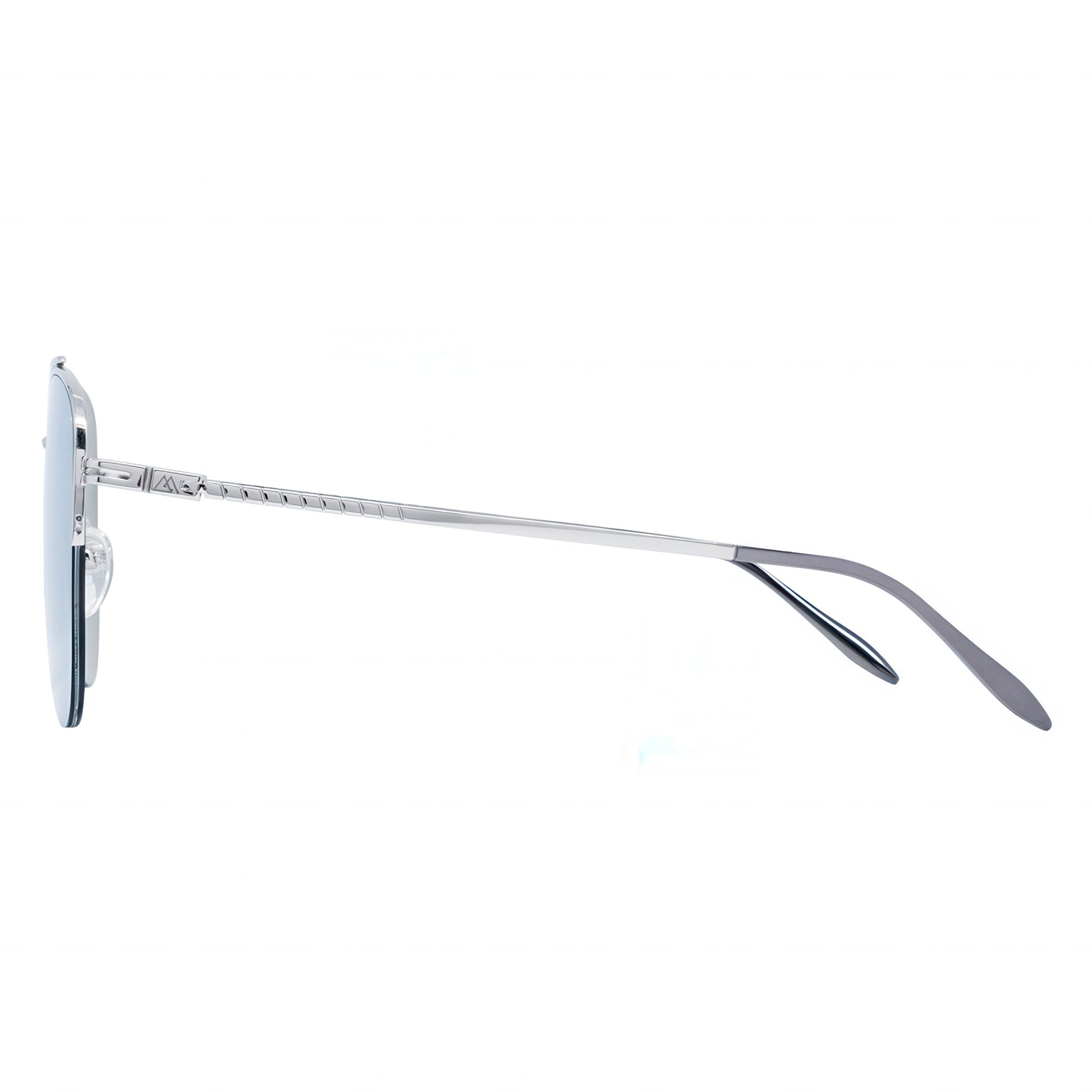 Silver sunglasses with a thin frame on a white background