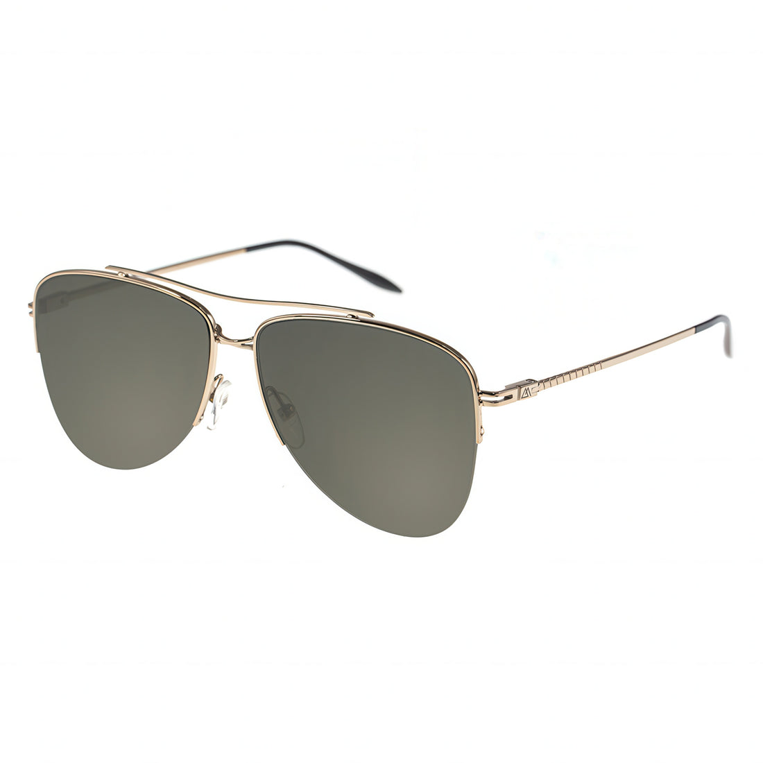 Aviator sunglasses with gold frame and dark lenses on a white background