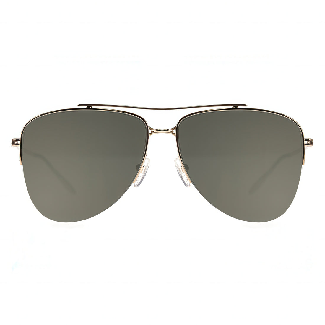Aviator sunglasses with gold frame and dark lenses on a white background