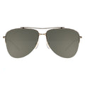 Aviator sunglasses with gold frame and dark lenses on a white background