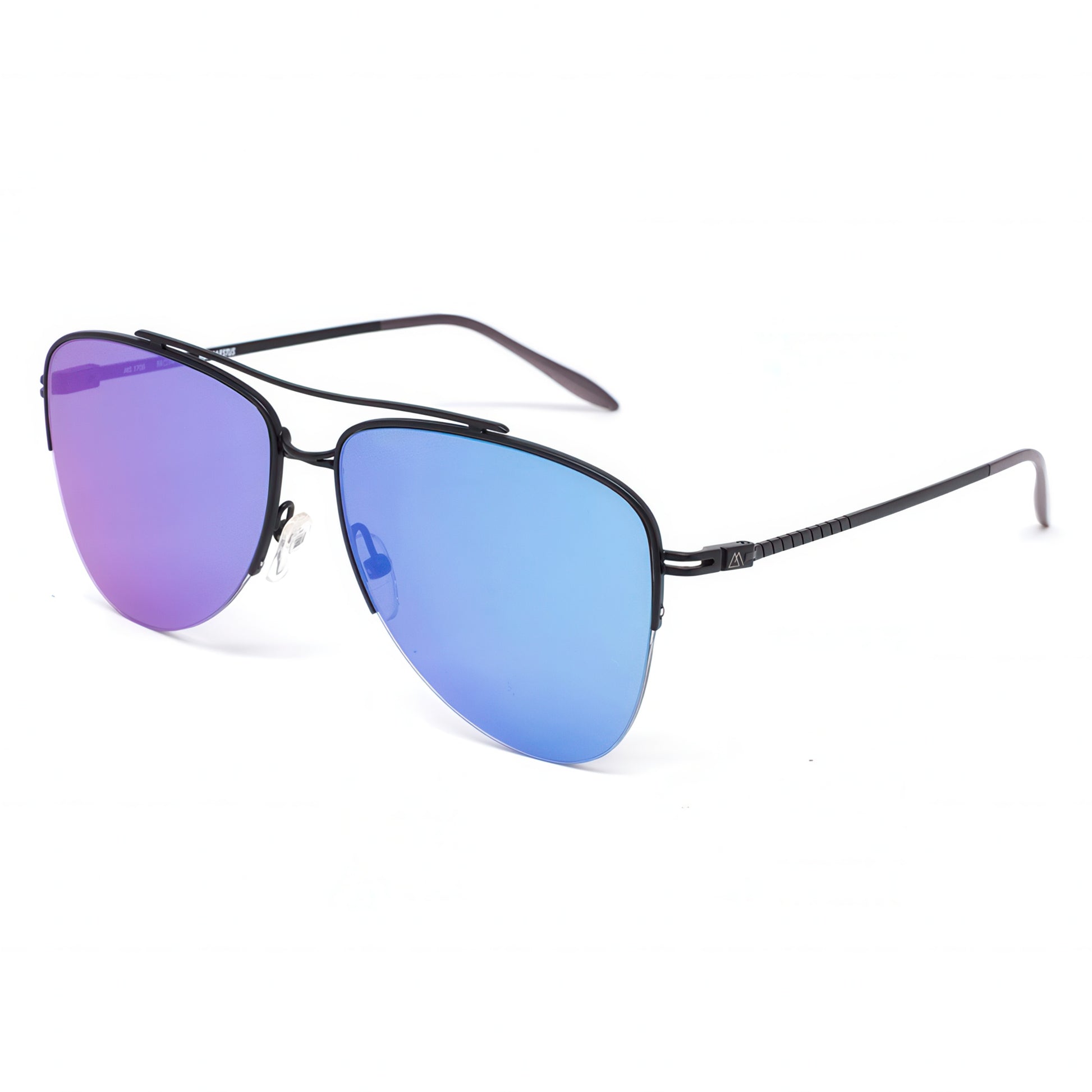 Sunglasses with blue lenses on a white background