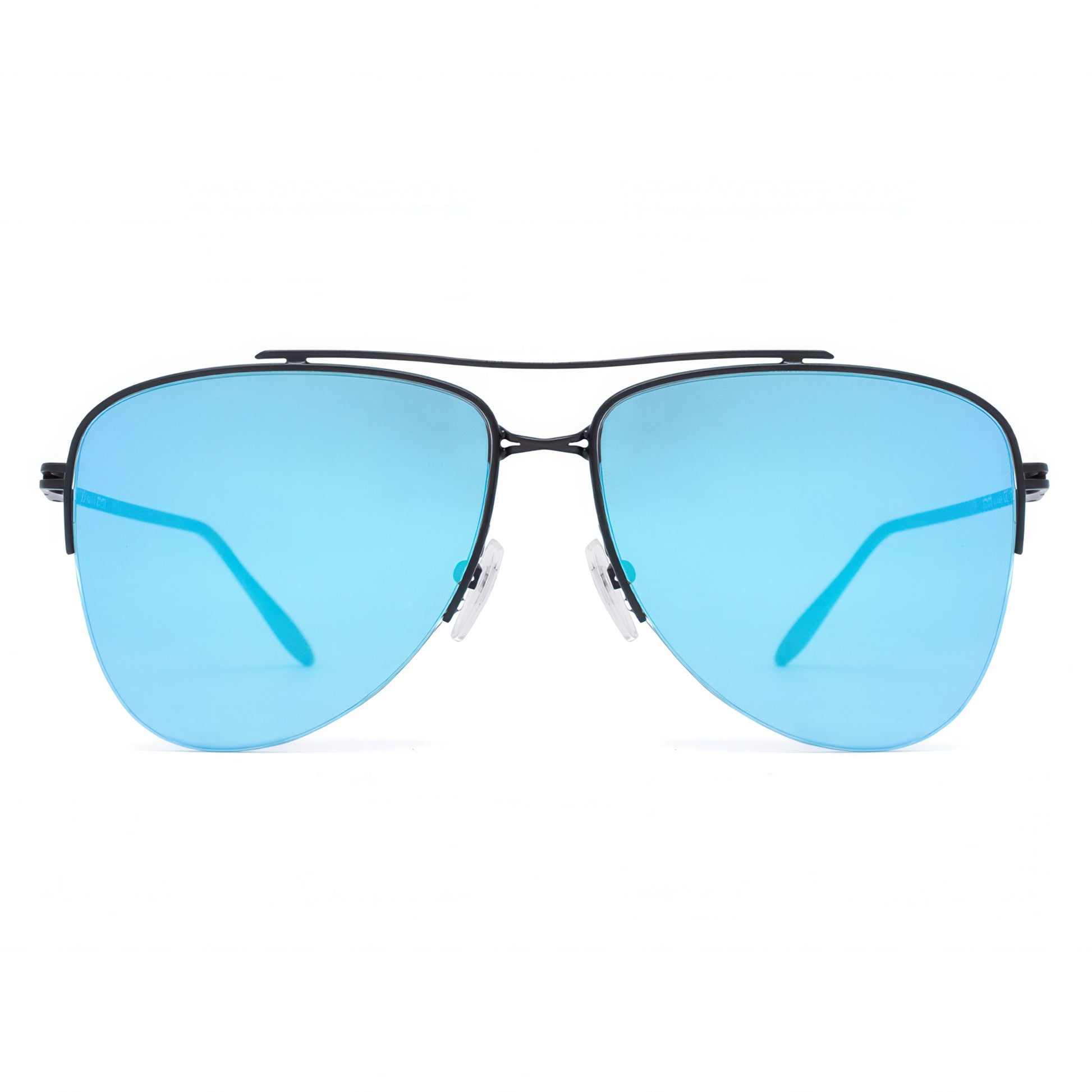 Aviator sunglasses with blue lenses on a white background