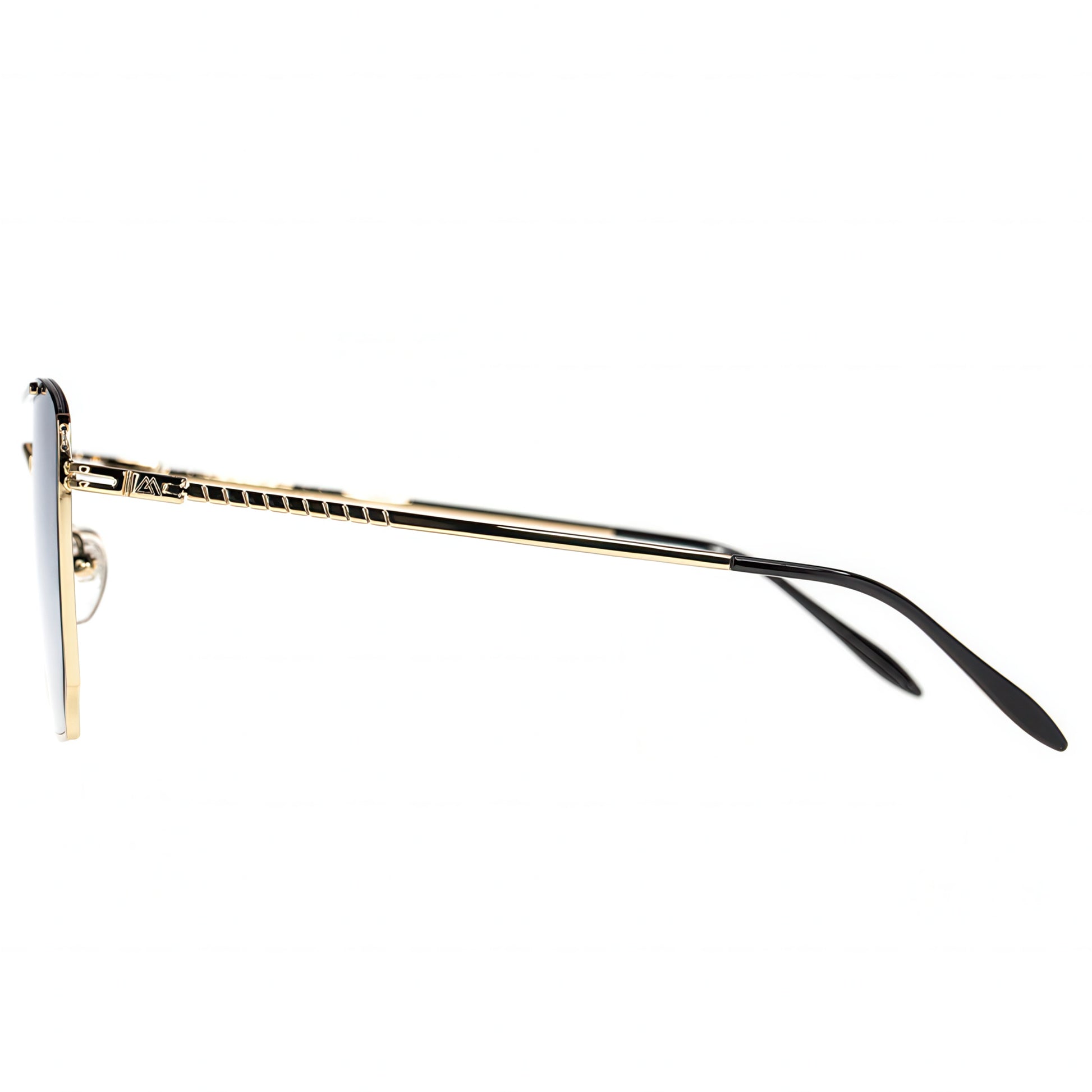 Gold-framed sunglasses with black arms on a white background