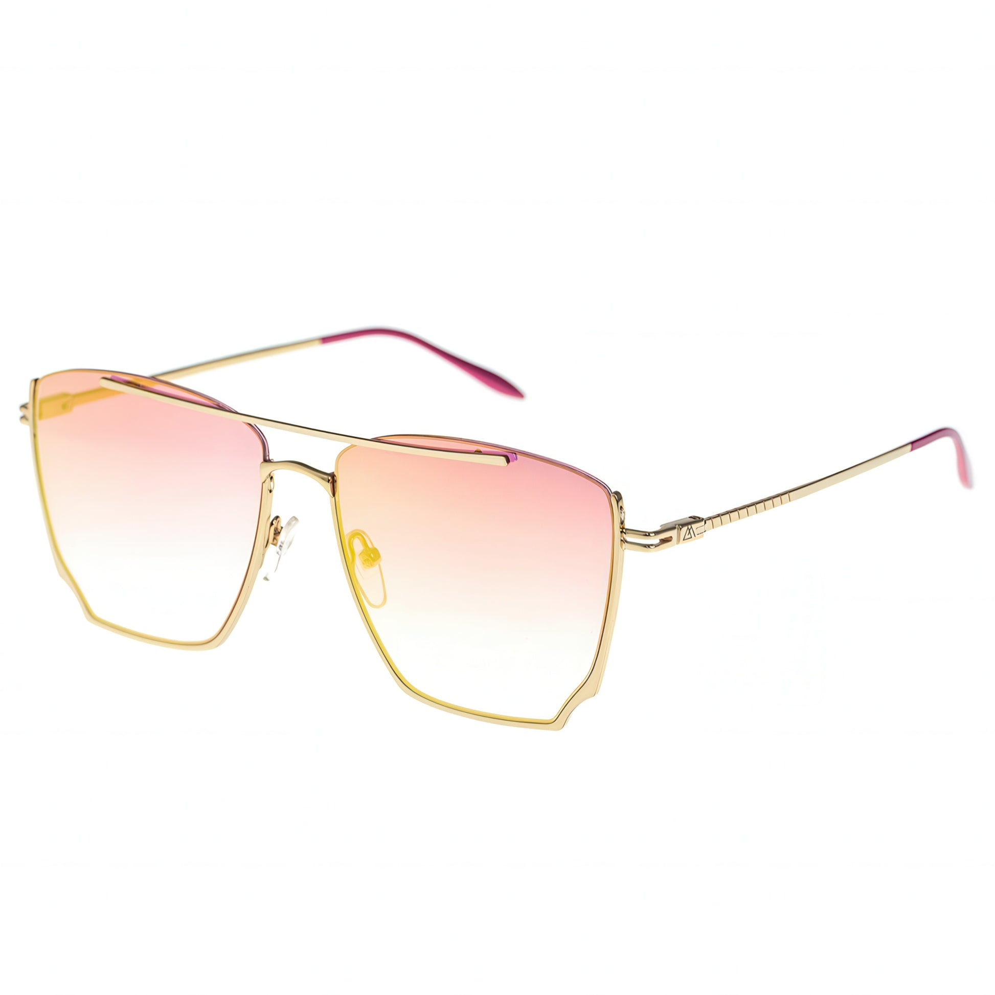 Sunglasses with pink gradient lenses and gold frame on a white background