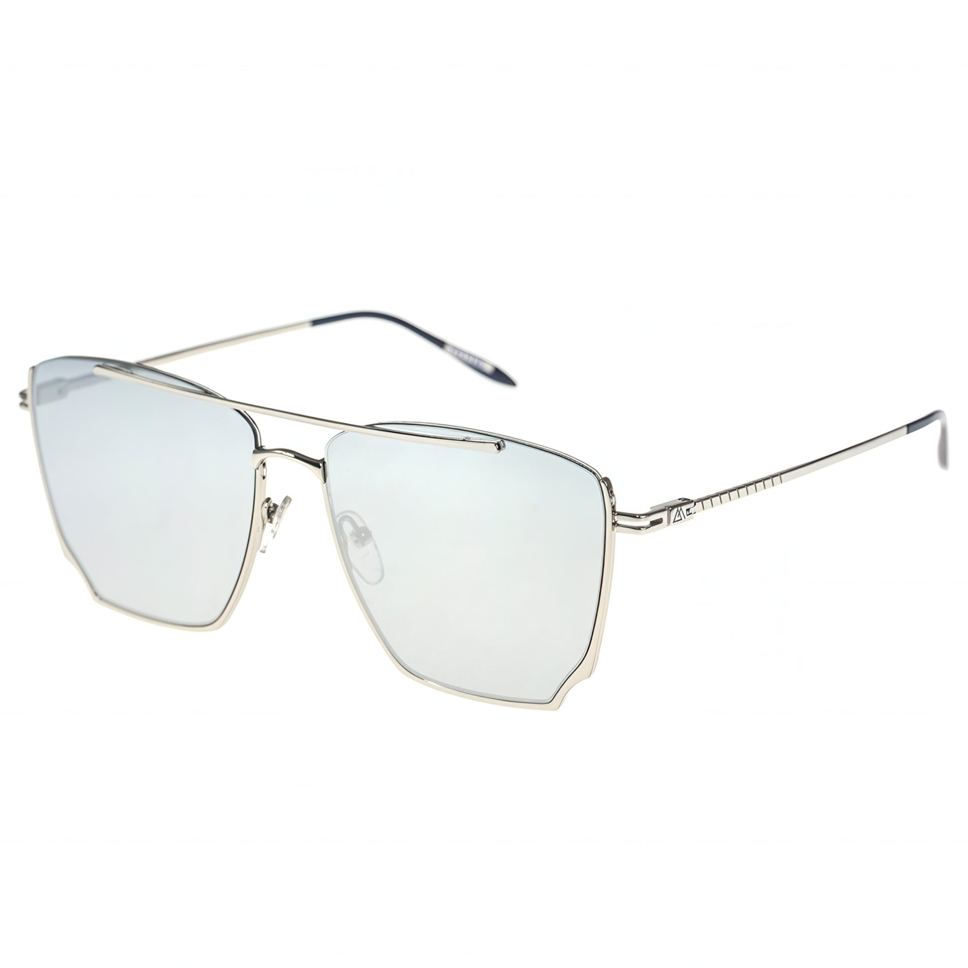 Sunglasses with silver frame and reflective lenses on a white background