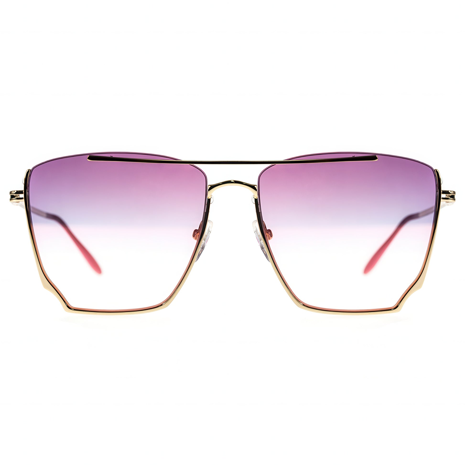 Sunglasses with gold frame and pink gradient lenses on a white background