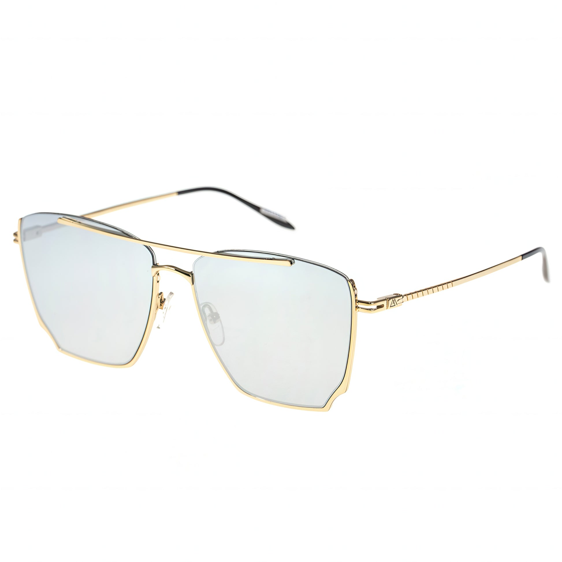 Gold-framed sunglasses with clear lenses on a white background