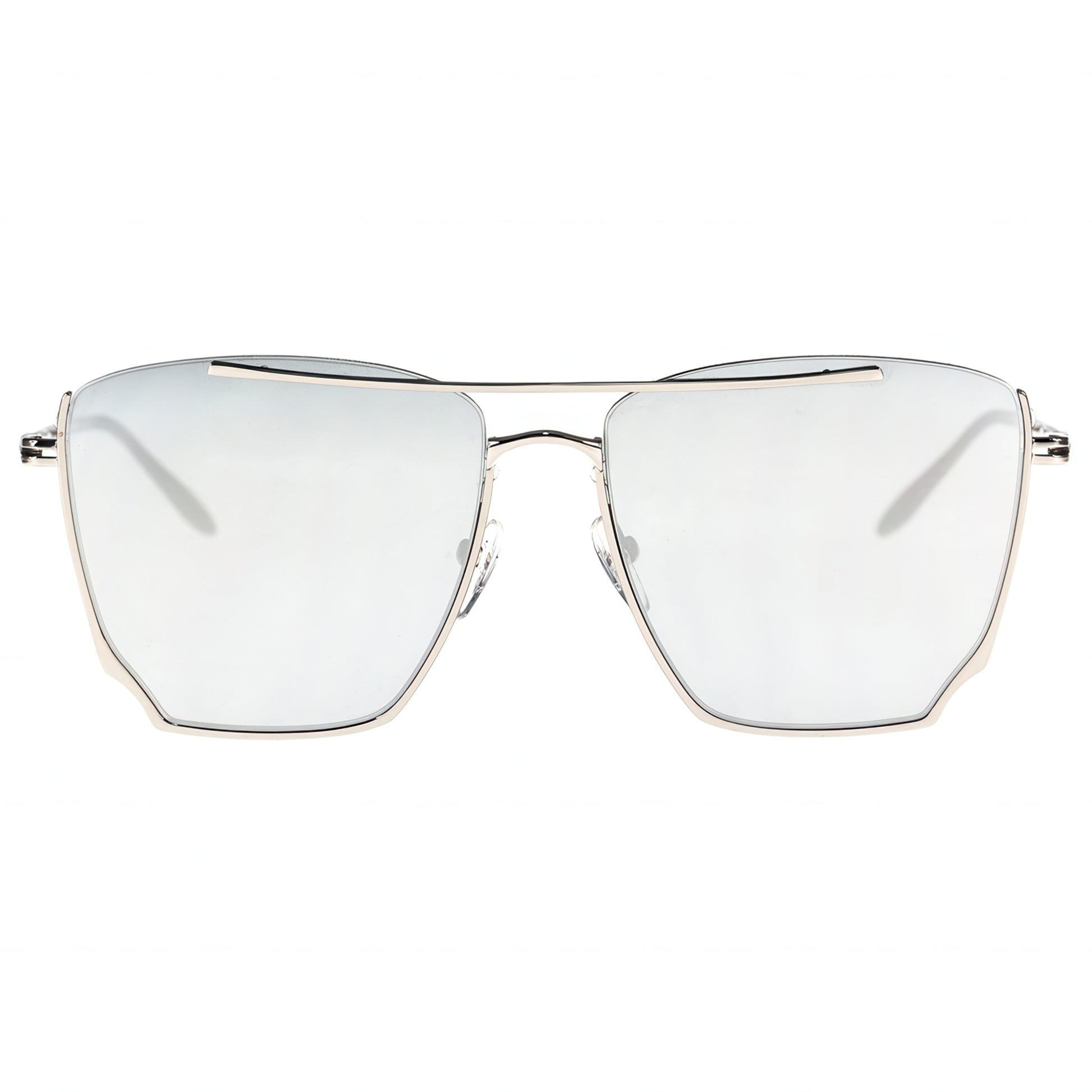 Sunglasses with a silver frame and mirrored lenses on a white background