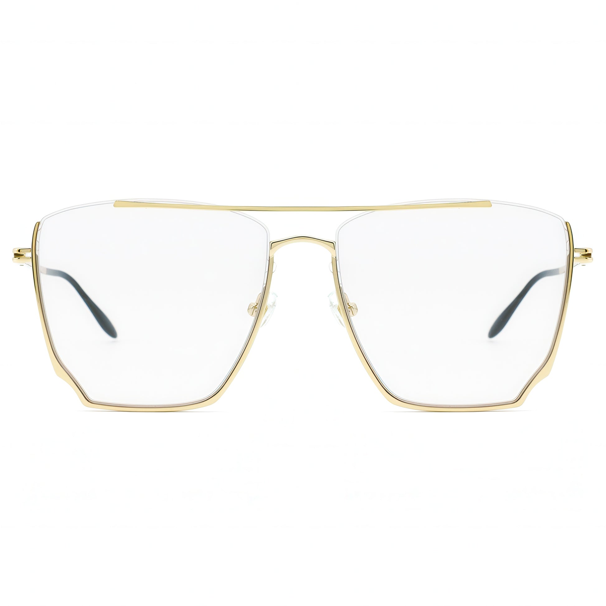 Gold-framed eyeglasses with clear lenses on a white background