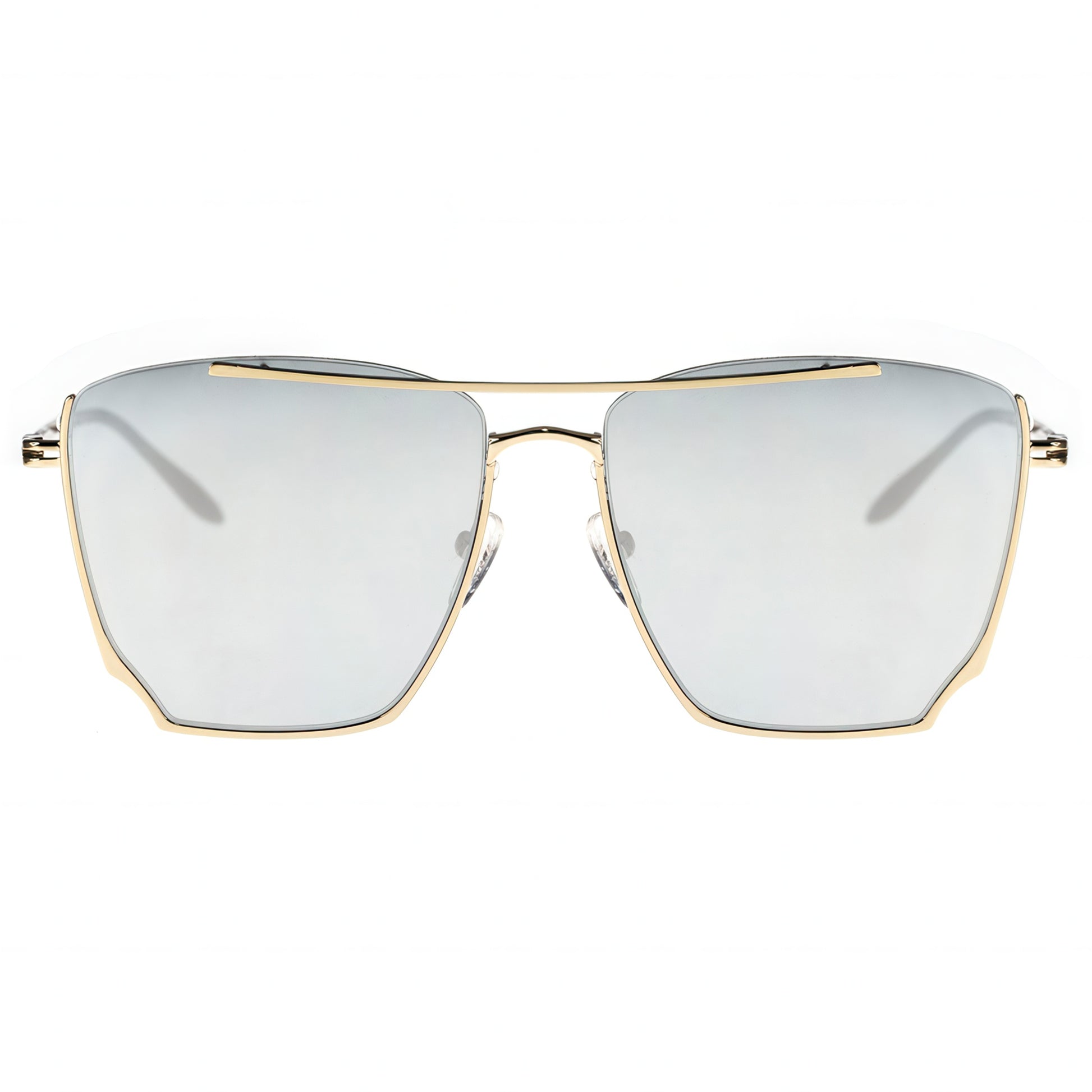 Sunglasses with gold frame and silver mirror lenses on a white background