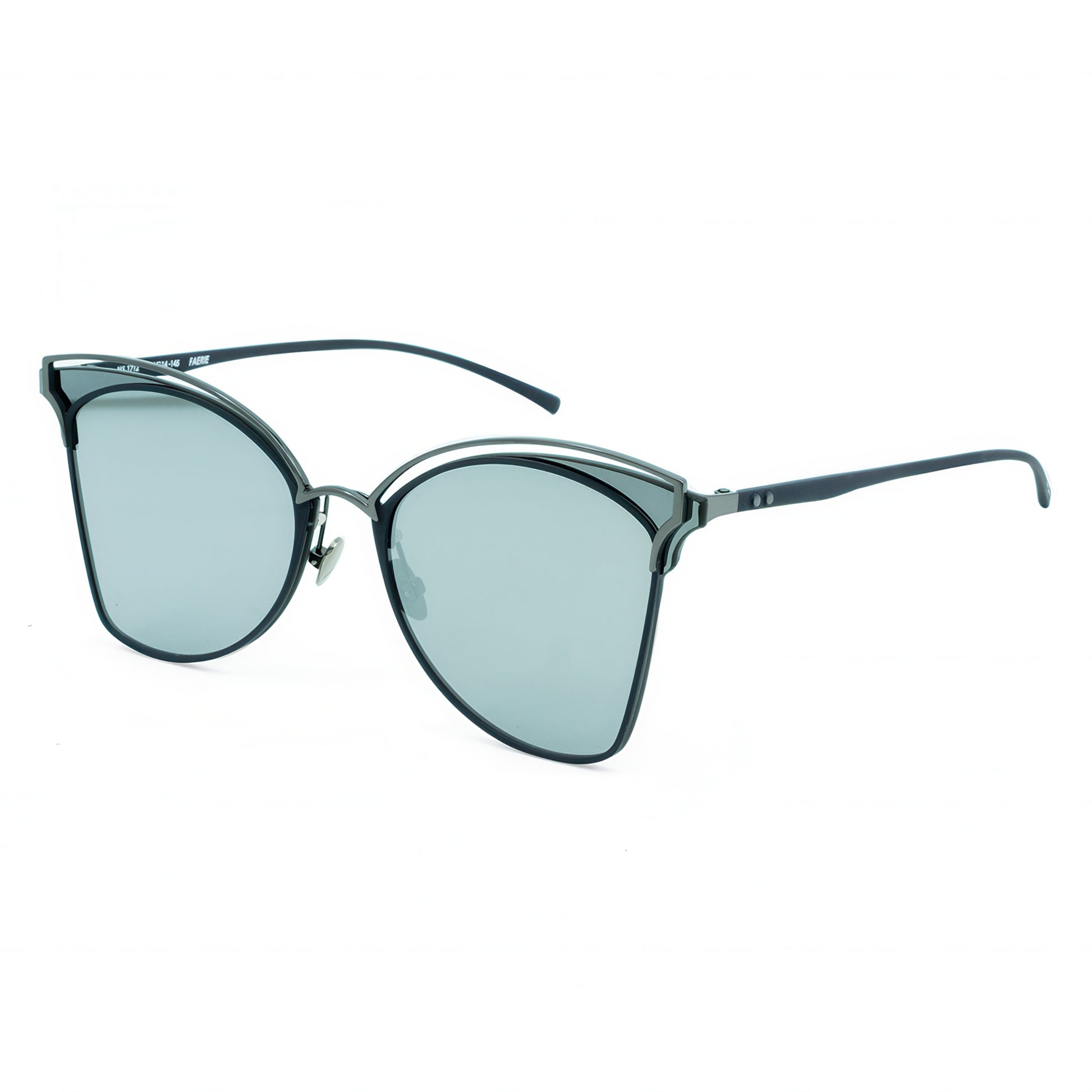 Sunglasses with blue lenses and black frame on a white background