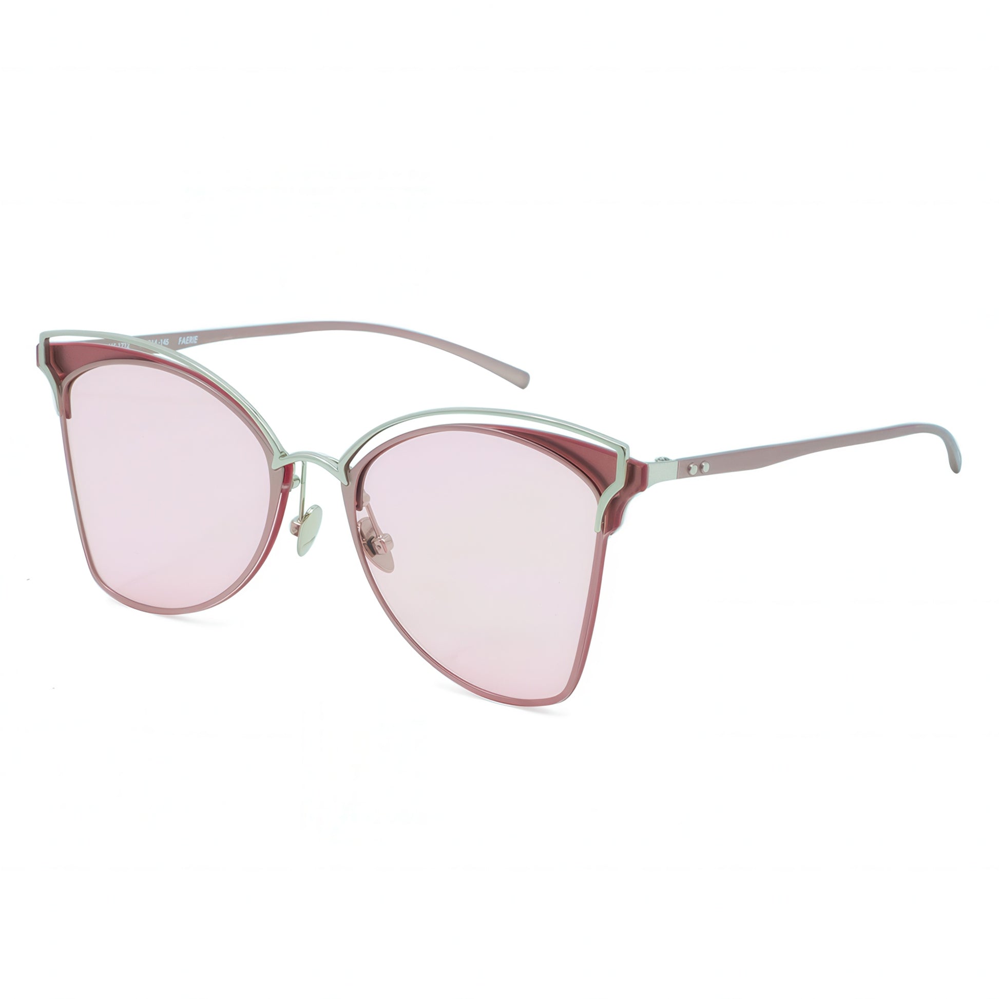 Sunglasses with pink lenses and silver frame on a white background