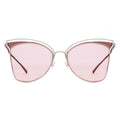 Cat-eye sunglasses with pink lenses and silver frame on a white background