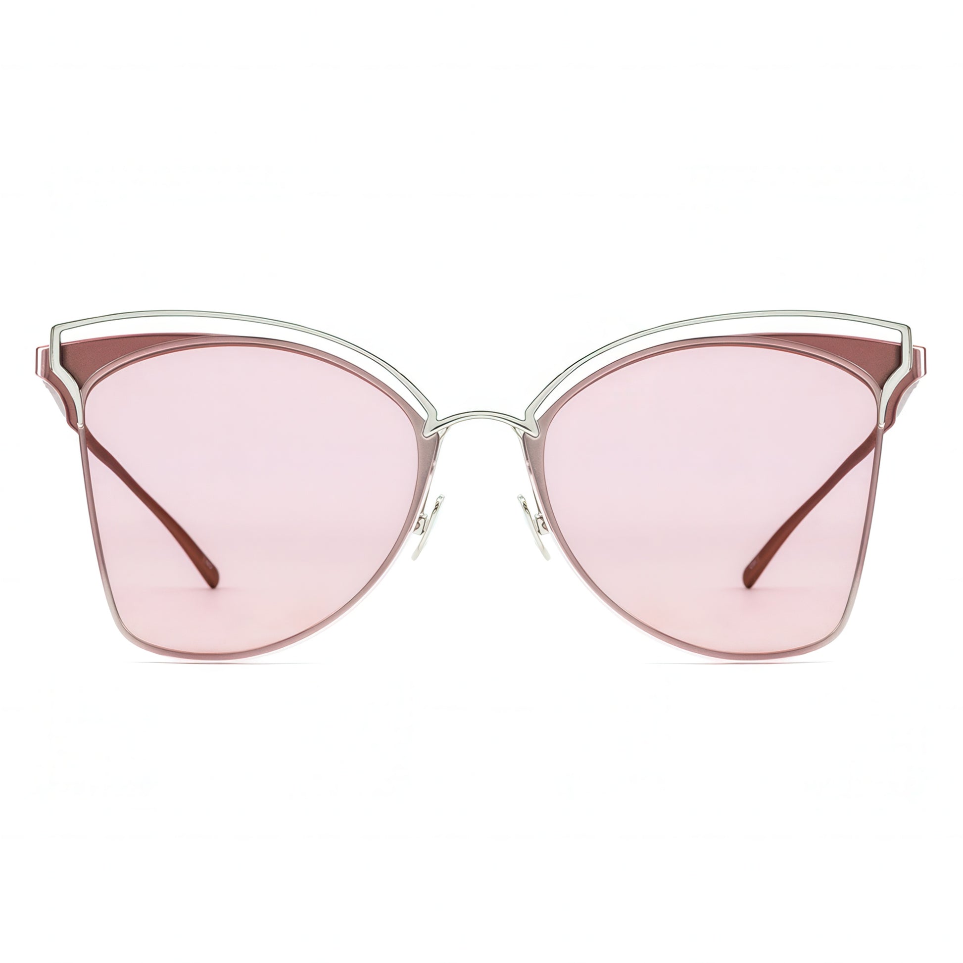 Cat-eye sunglasses with pink lenses and silver frame on a white background